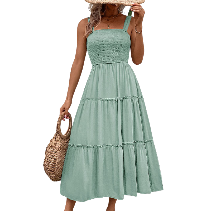 TESSIE™ – Casual Shirred Backless Sundress with Ruffle Hem