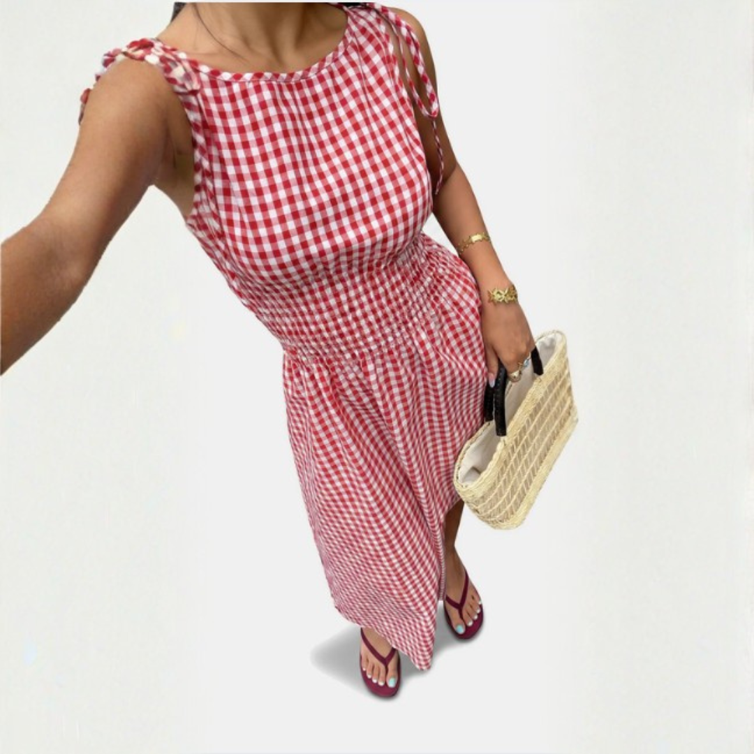 Women's Smocked Waist Tie Shoulder Woven Midi Dress