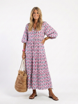 MIREYA | GEOMETRIC PRINT LONG SLEEVE TIERED MIDI DRESS