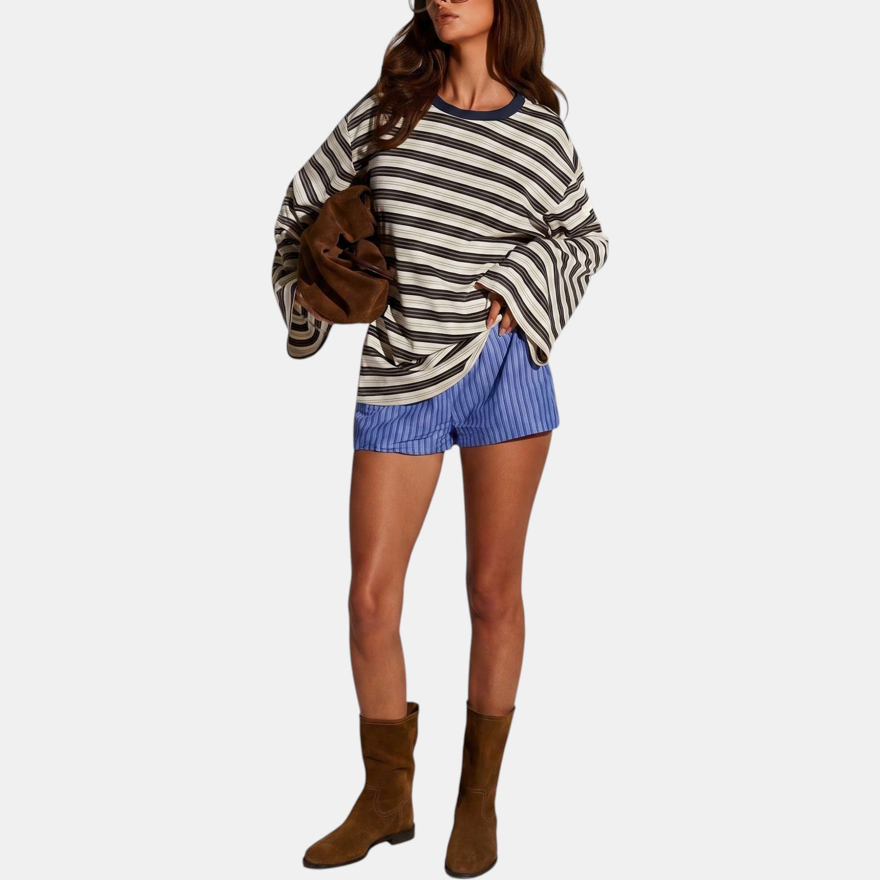 Women's Color Block Striped Long Sleeve Round Neck Fitted Top