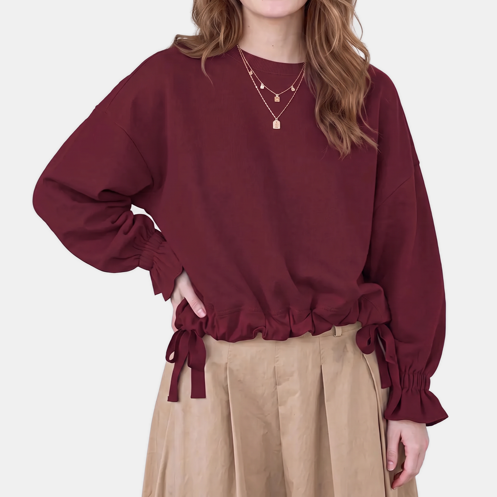 Women's Drawstring Hem Ruffle Cuff Loose Casual Sweatshirt