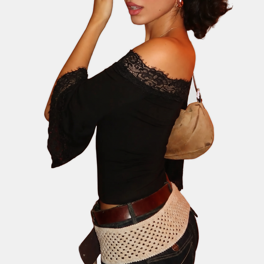 Women's Lace Panel Off Shoulder Flare Sleeve Crop Top