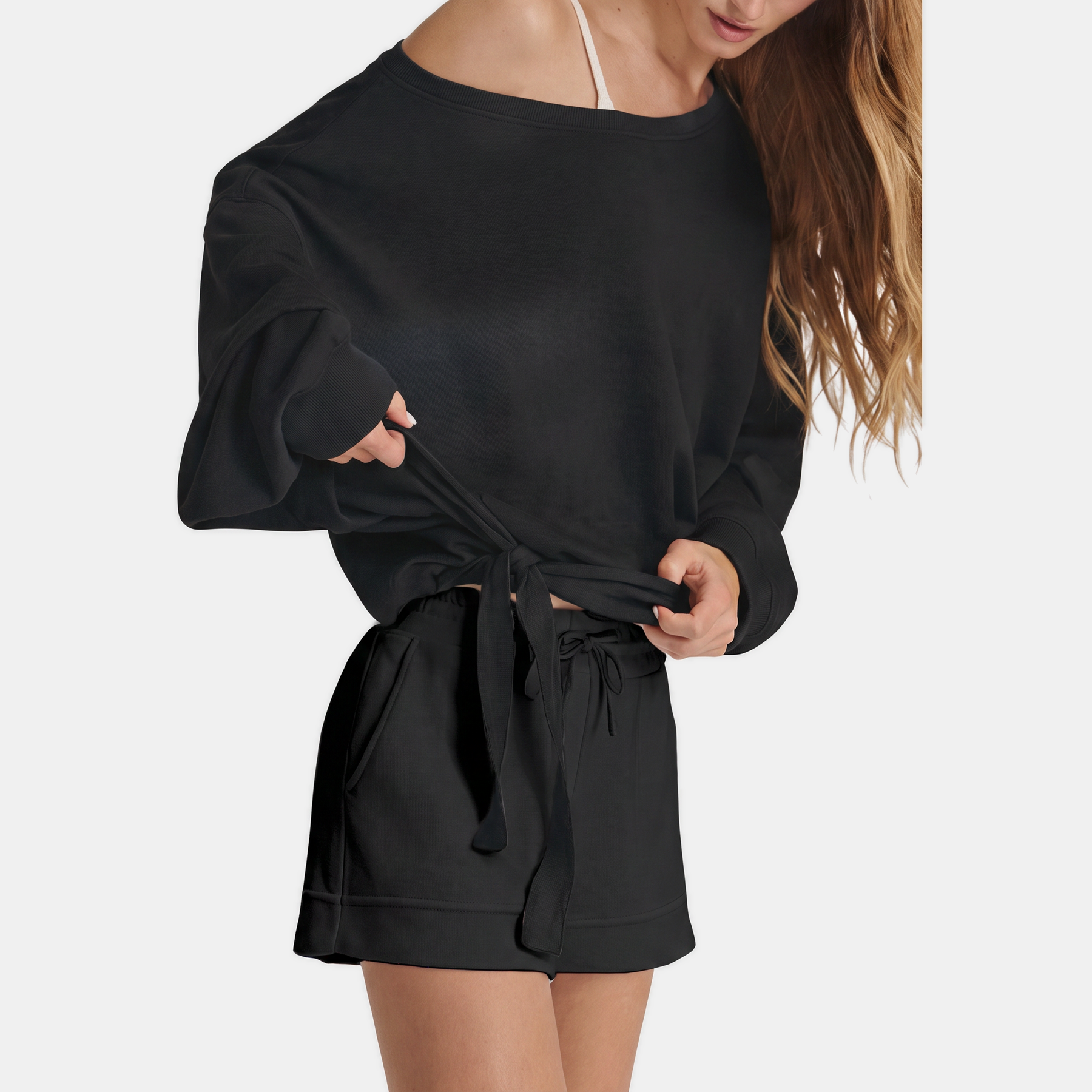 Women's One Shoulder Drawstring Hem Pullover Sweatshirt