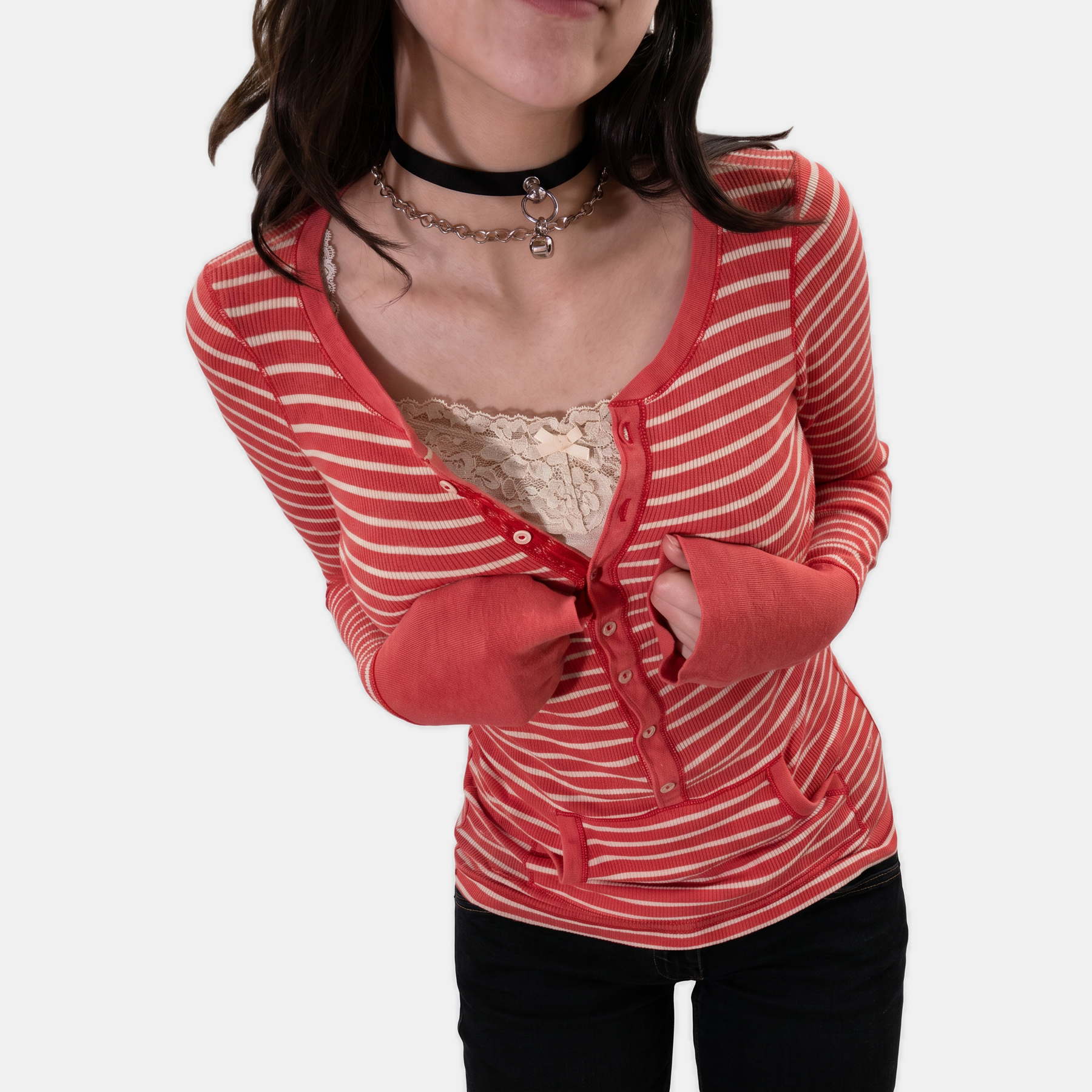 Women's Button Front Striped Knit Long Sleeve Polo Top with Pockets