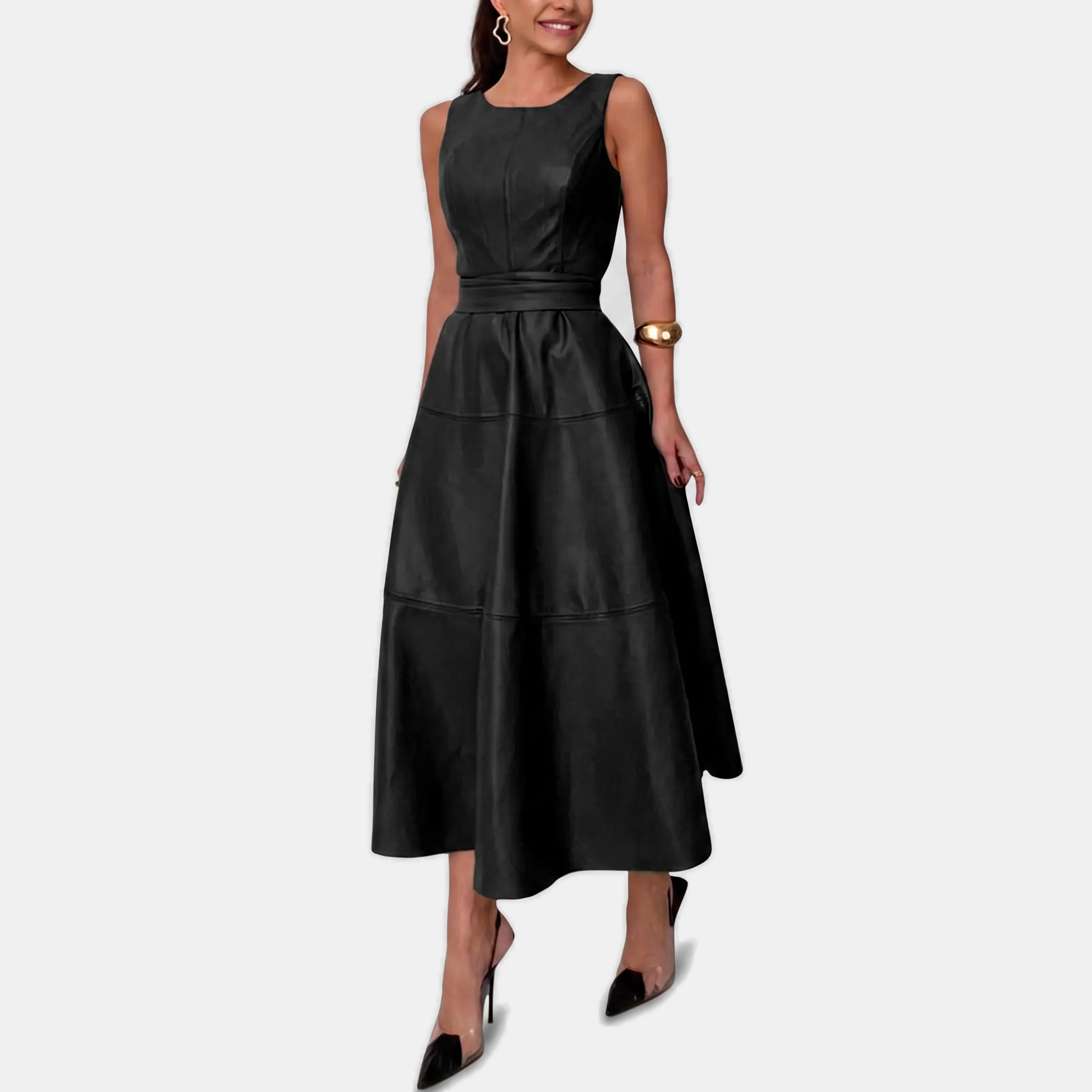 Women's Faux Leather Belted A Line Midi Dress