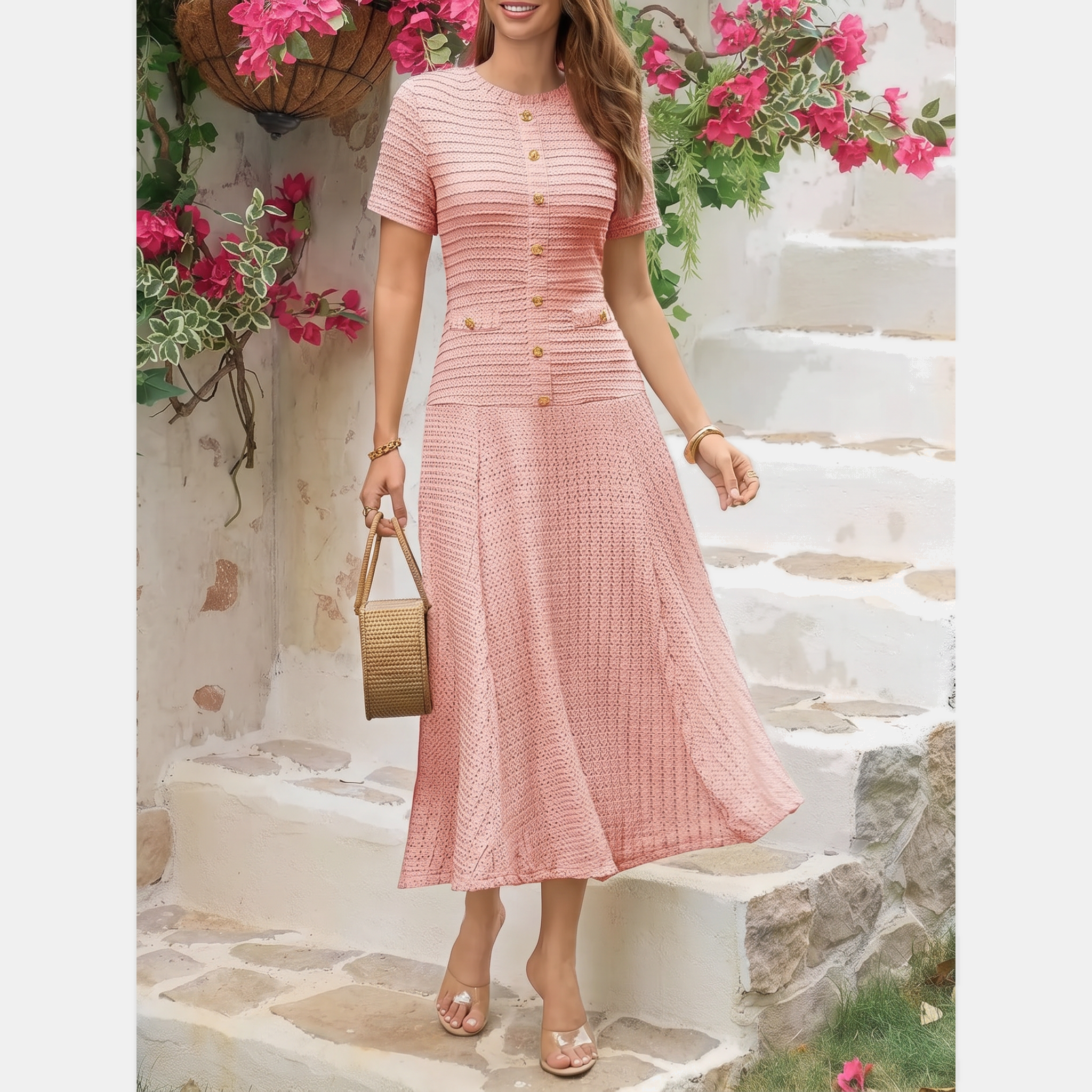Women's Button Front Short Sleeve Slim Fit Midi A Line Dress