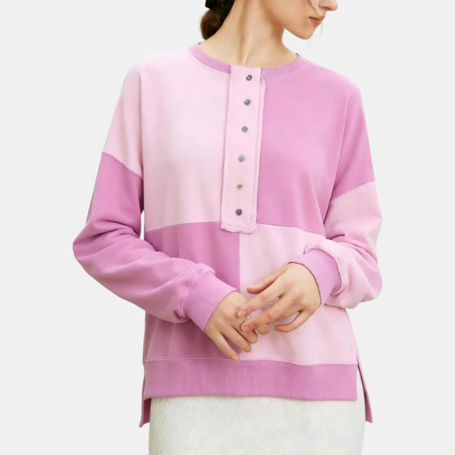 Women's Buckle Front Lapel Colorblock Longline Sweatshirt