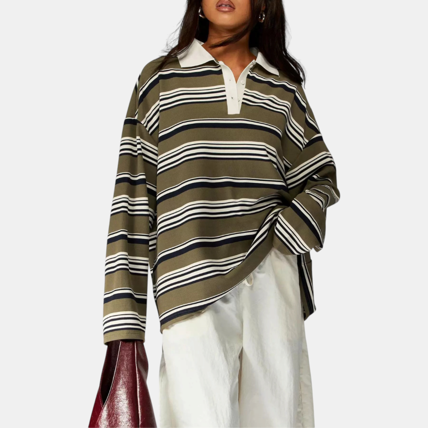 Women's Vintage Striped Polo Collar Oversized Long Sleeve Shirt