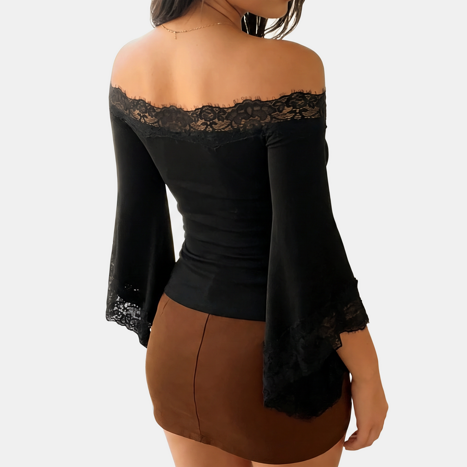Women's Lace Panel Off Shoulder Flare Sleeve Crop Top