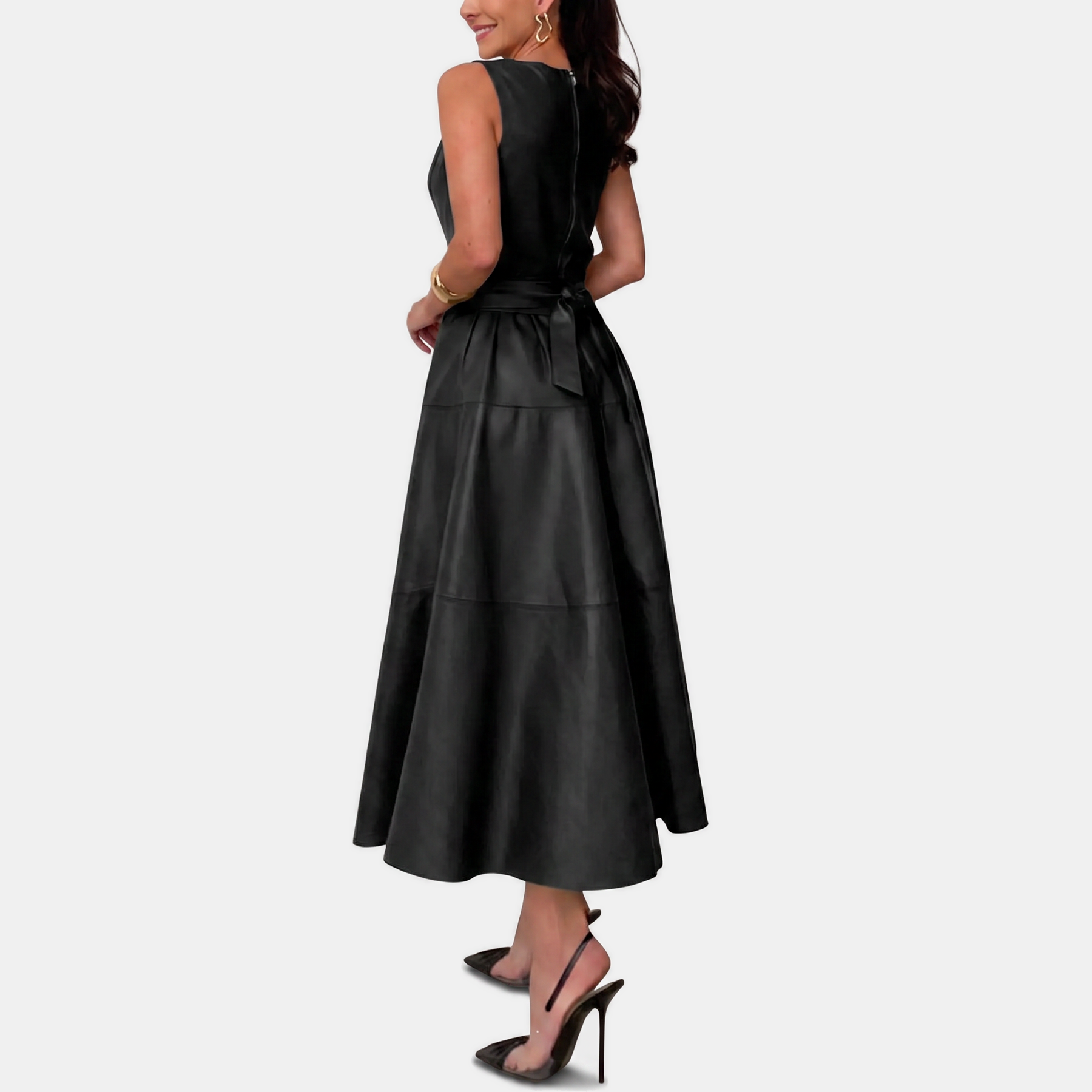 Women's Faux Leather Belted A Line Midi Dress