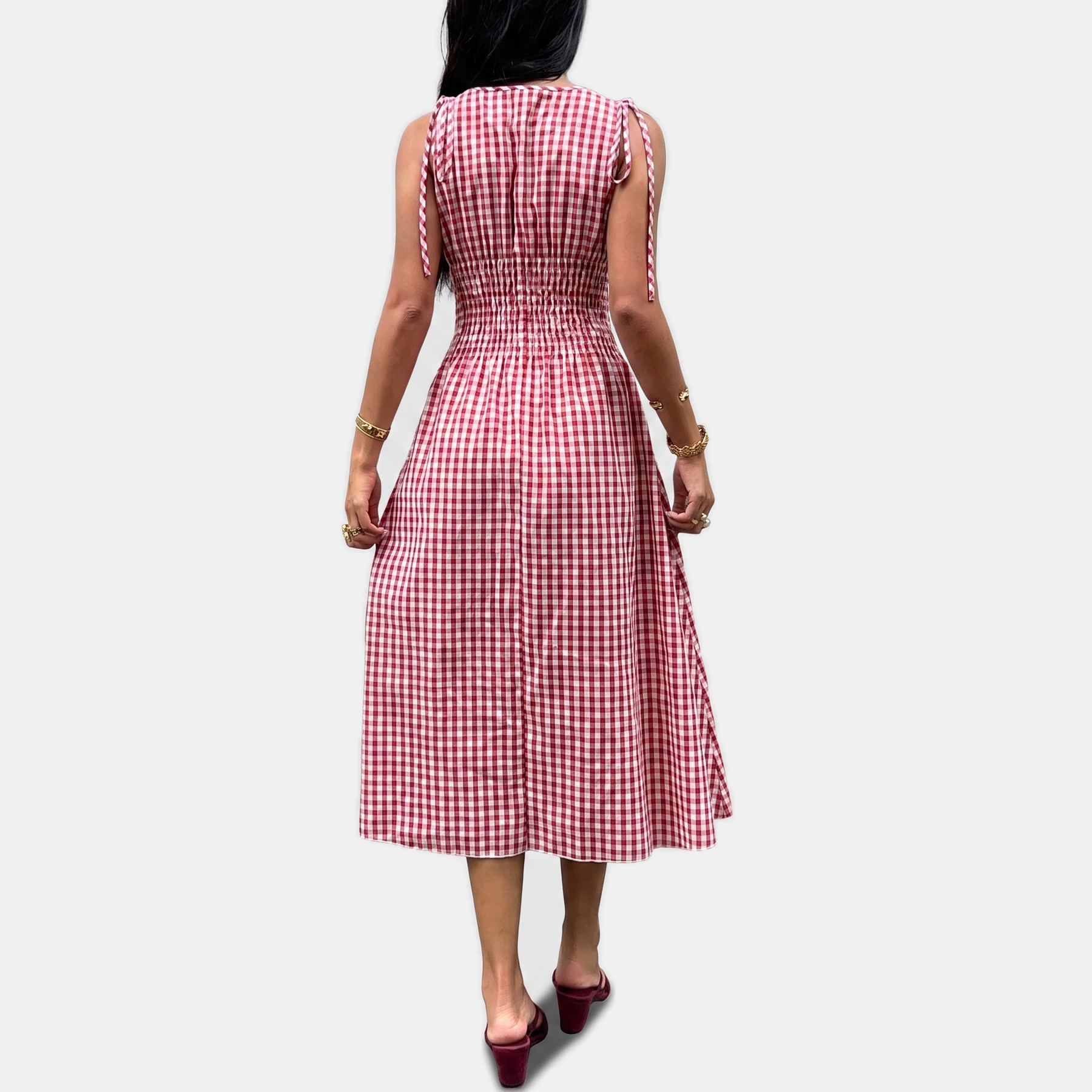 Women's Smocked Waist Tie Shoulder Woven Midi Dress