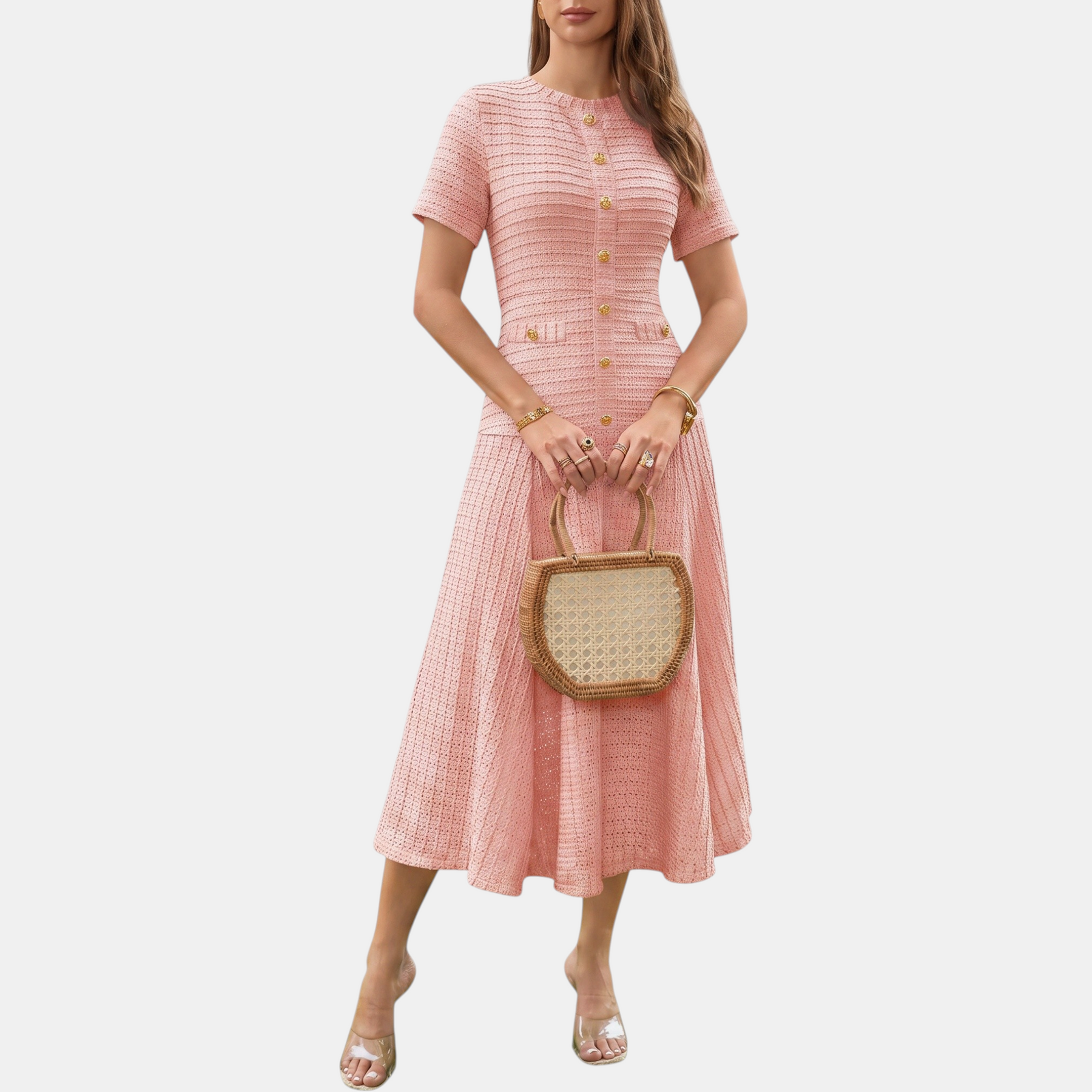 Women's Button Front Short Sleeve Slim Fit Midi A Line Dress