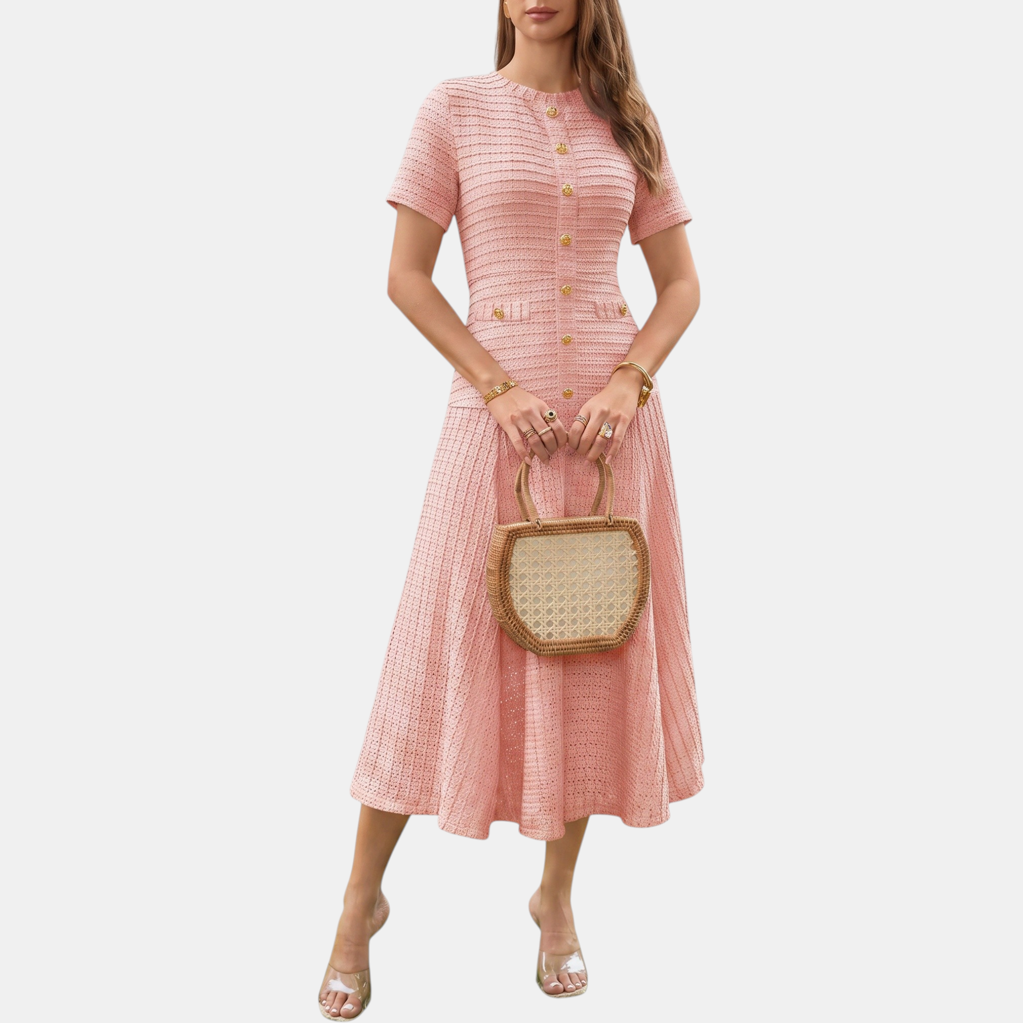 Women's Button Front Short Sleeve Slim Fit Midi A Line Dress