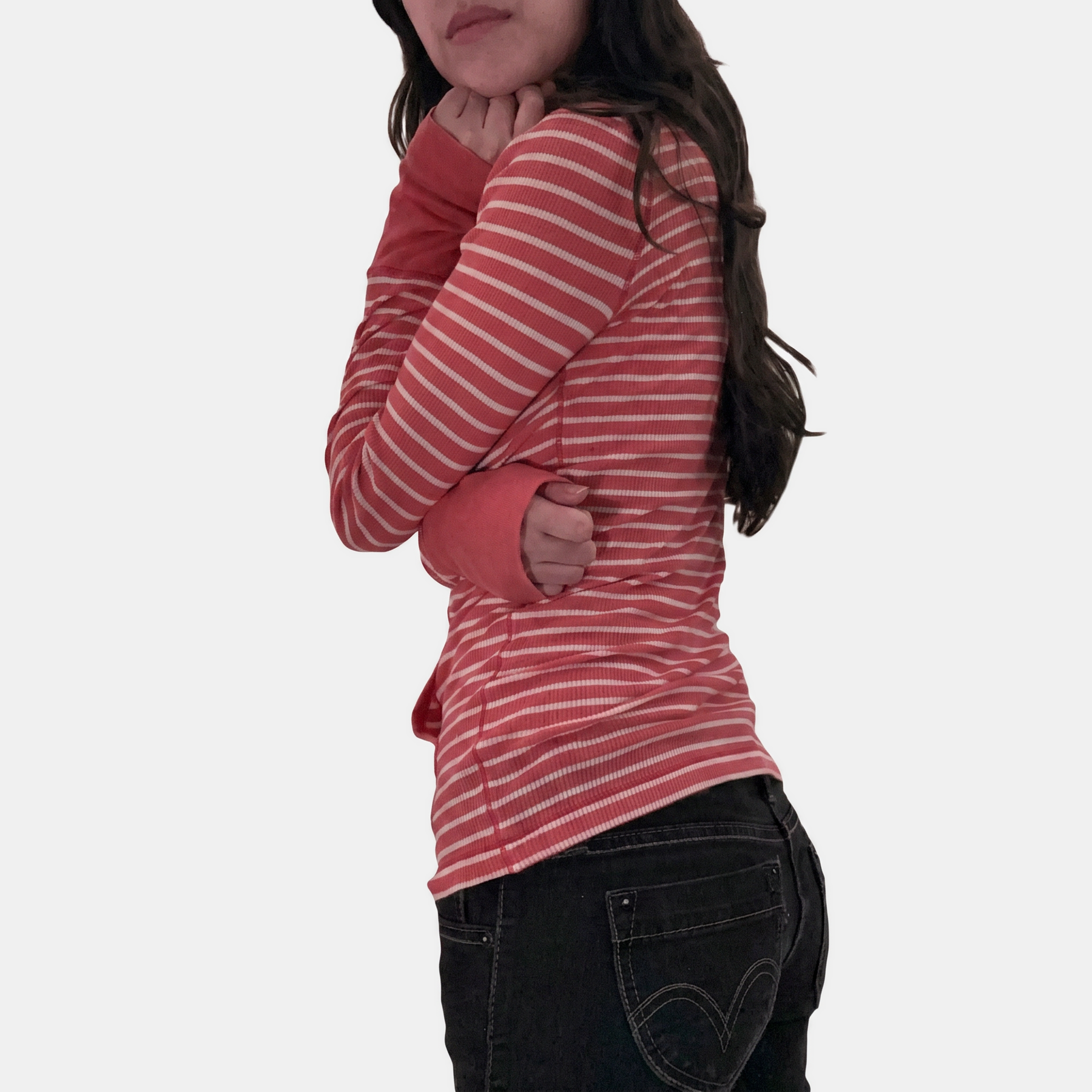 Women's Button Front Striped Knit Long Sleeve Polo Top with Pockets