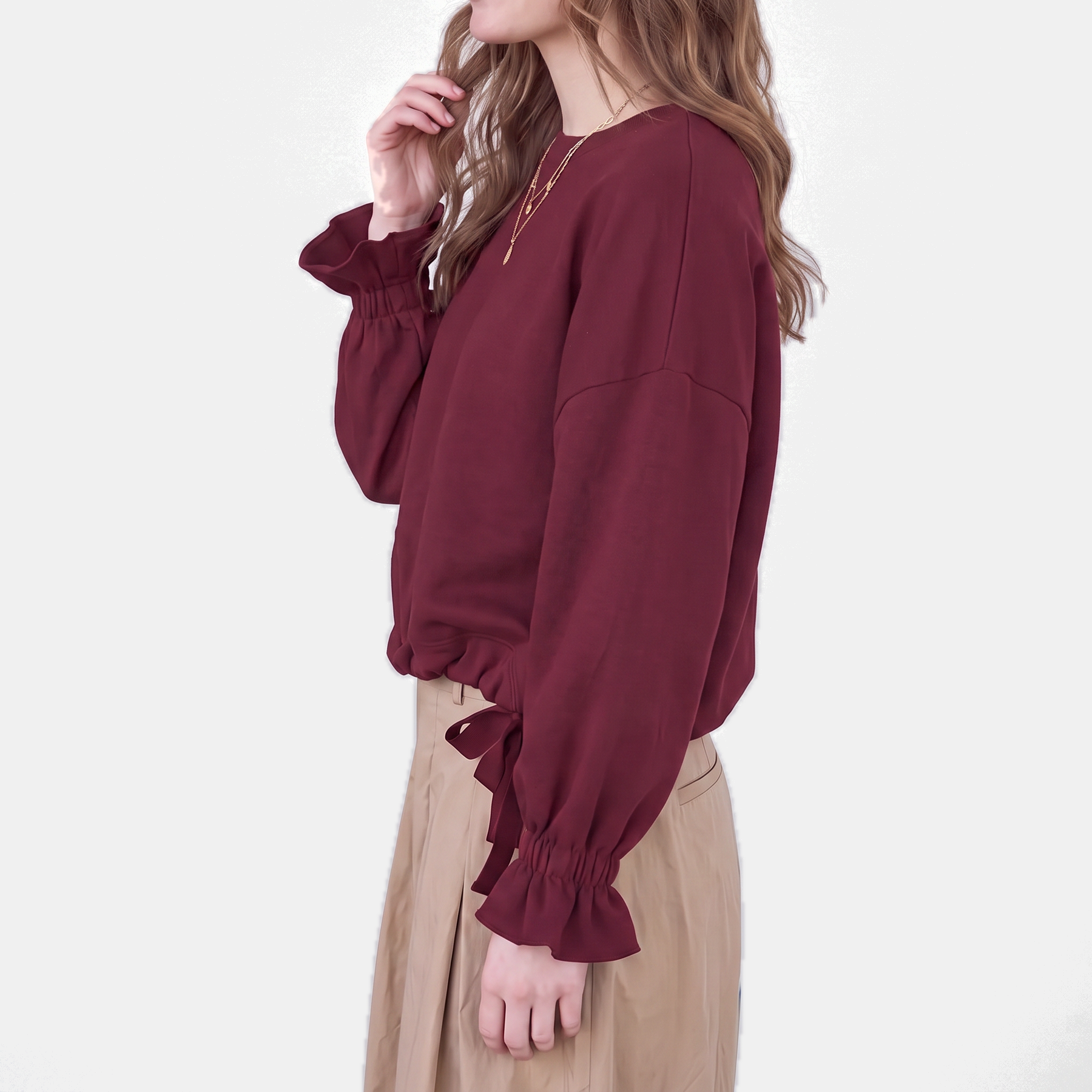 Women's Drawstring Hem Ruffle Cuff Loose Casual Sweatshirt