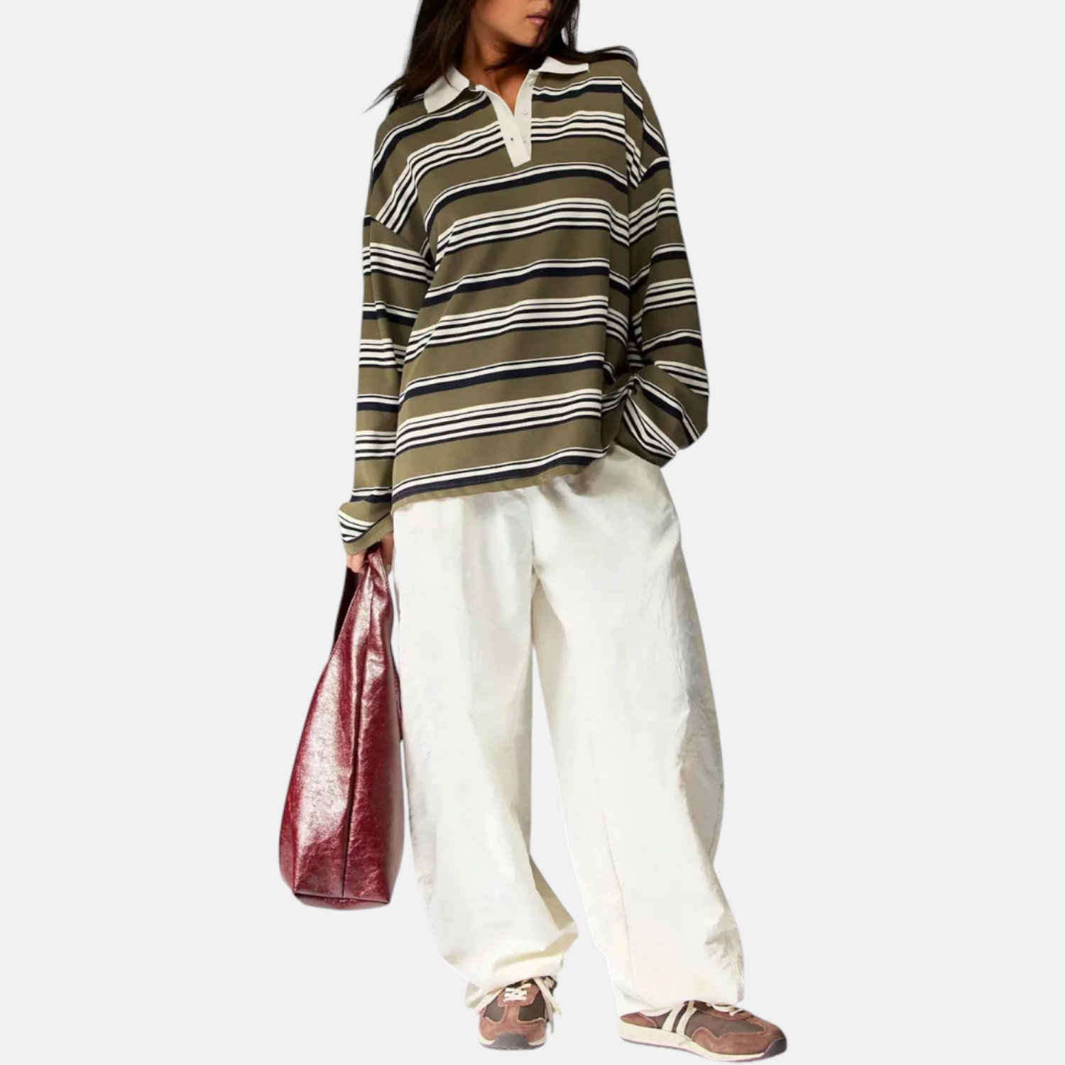 Women's Vintage Striped Polo Collar Oversized Long Sleeve Shirt