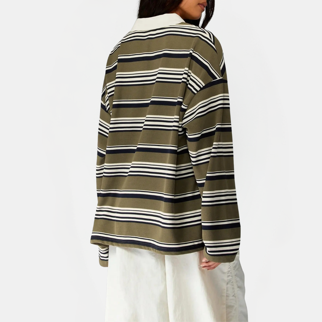 Women's Vintage Striped Polo Collar Oversized Long Sleeve Shirt