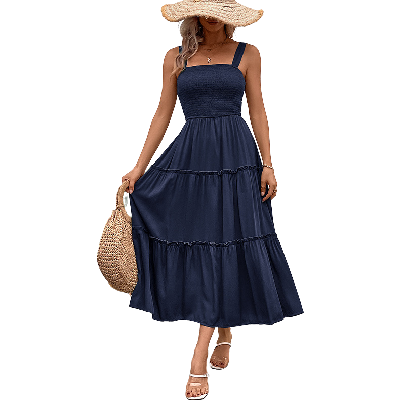 TESSIE™ – Casual Shirred Backless Sundress with Ruffle Hem