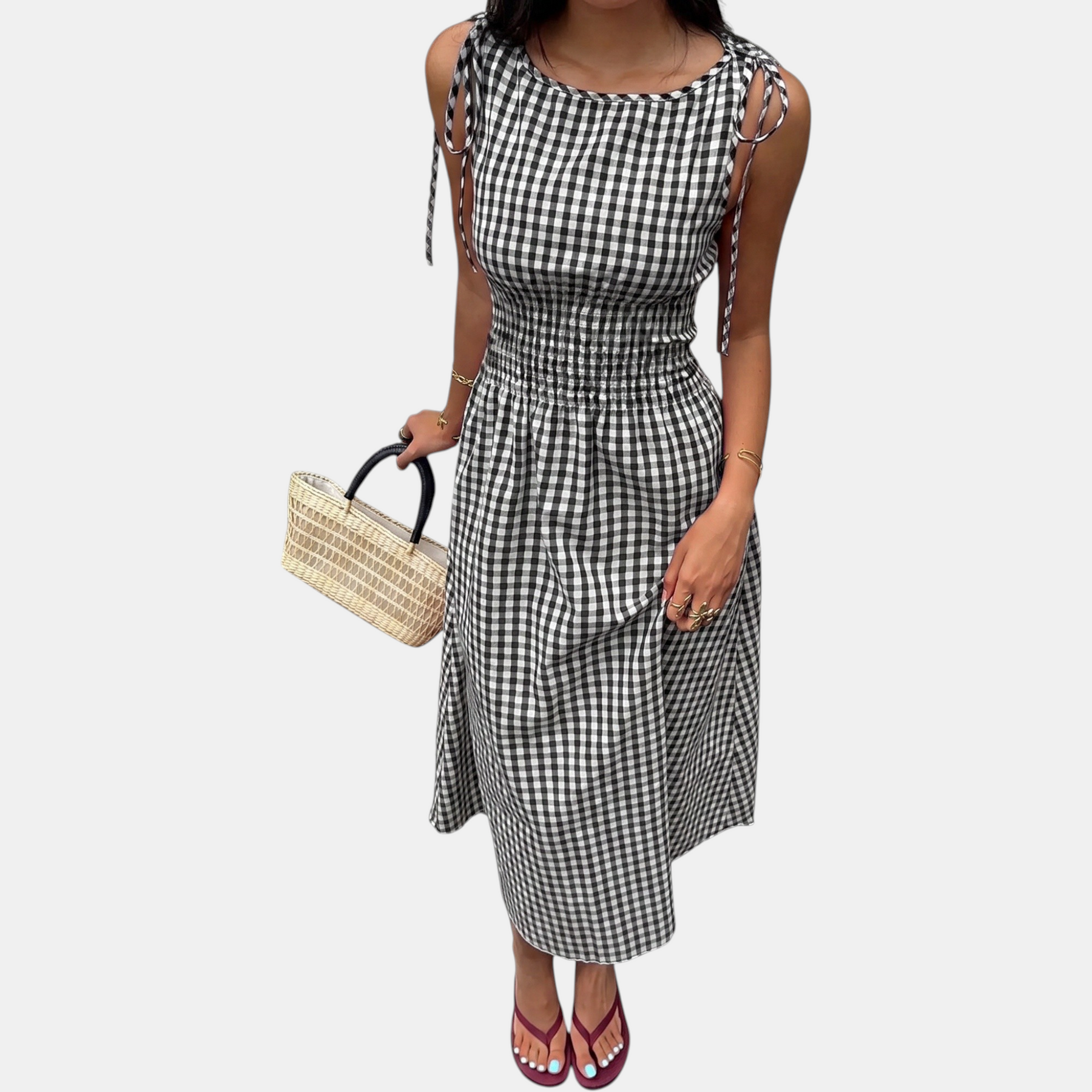 Women's Smocked Waist Tie Shoulder Woven Midi Dress
