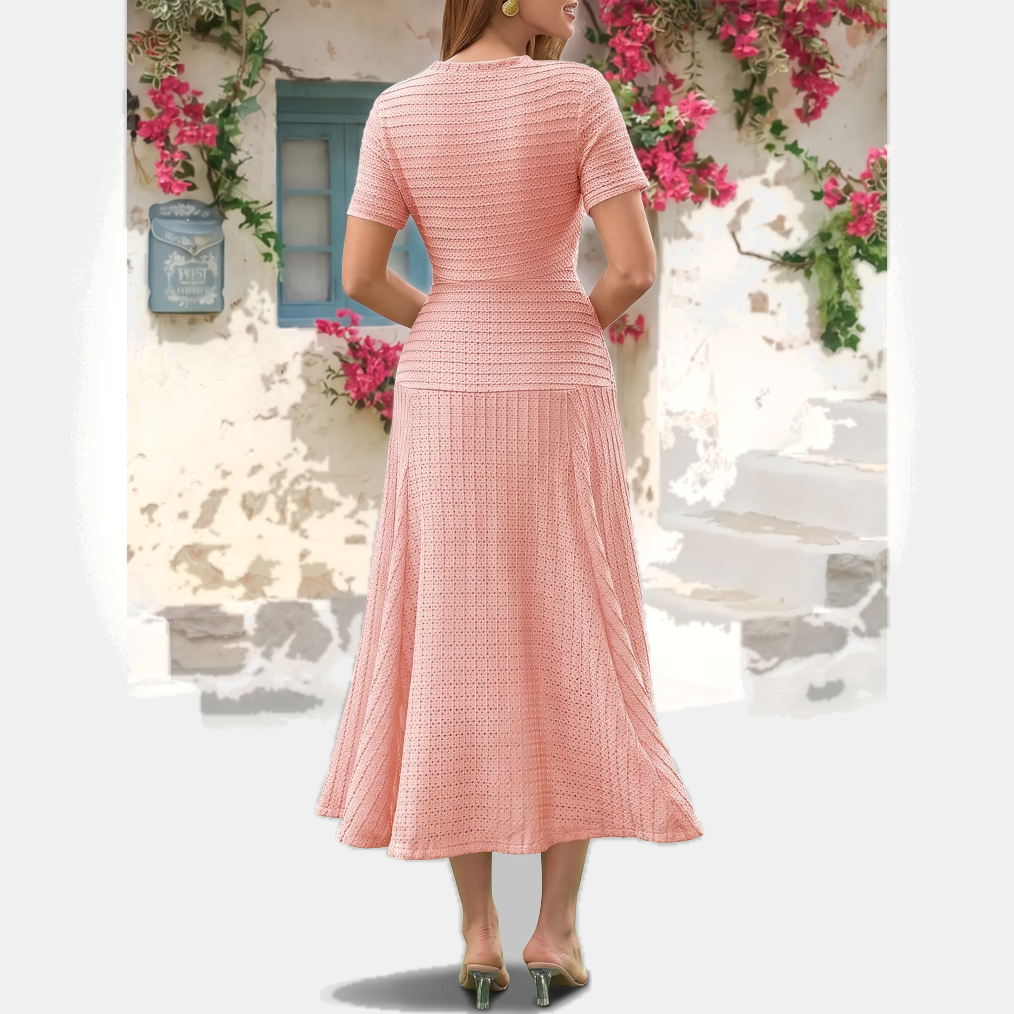 Women's Button Front Short Sleeve Slim Fit Midi A Line Dress