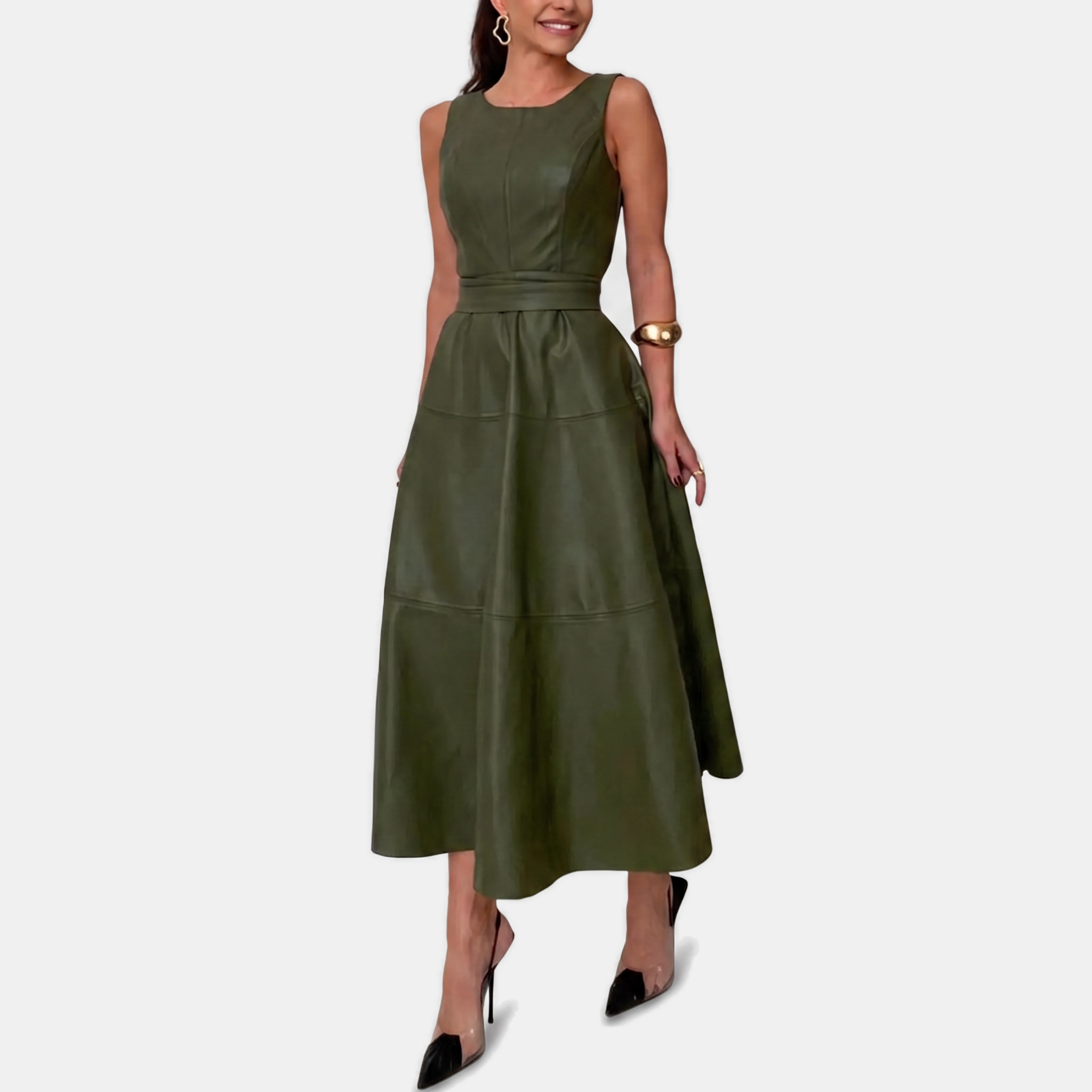 Women's Faux Leather Belted A Line Midi Dress