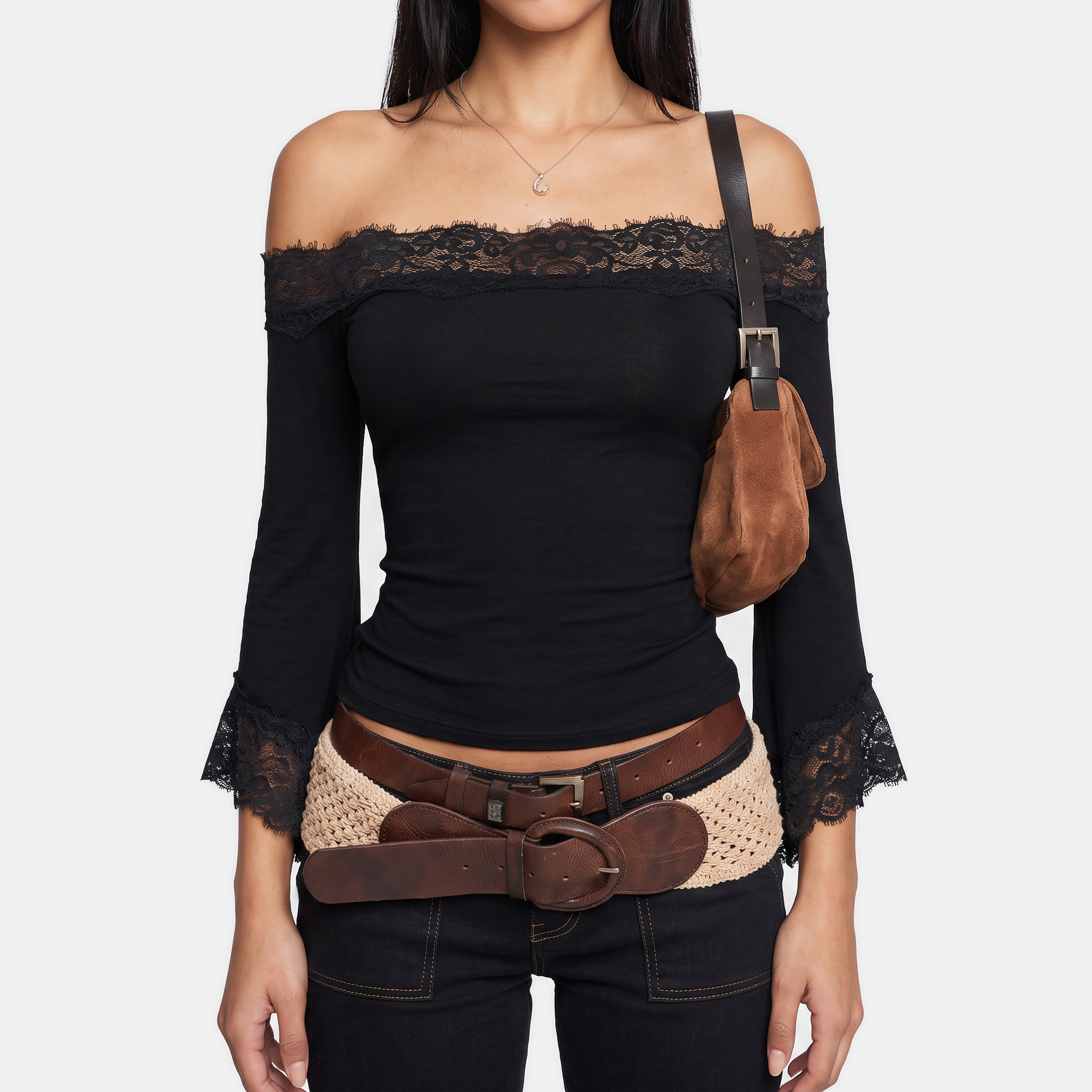 Women's Lace Panel Off Shoulder Flare Sleeve Crop Top