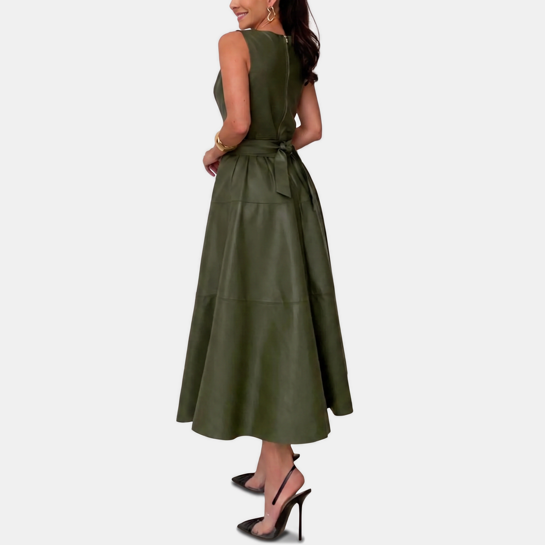 Women's Faux Leather Belted A Line Midi Dress