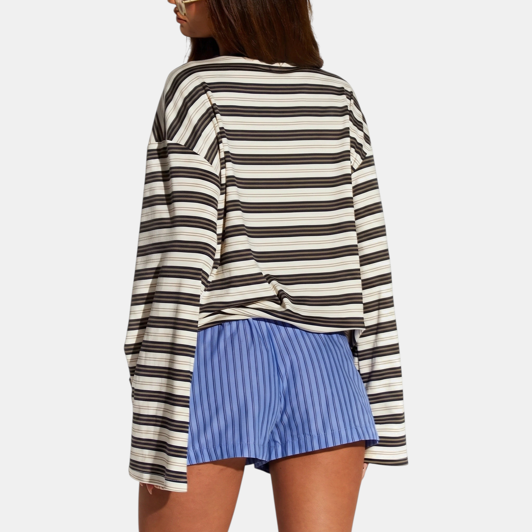 Women's Color Block Striped Long Sleeve Round Neck Fitted Top