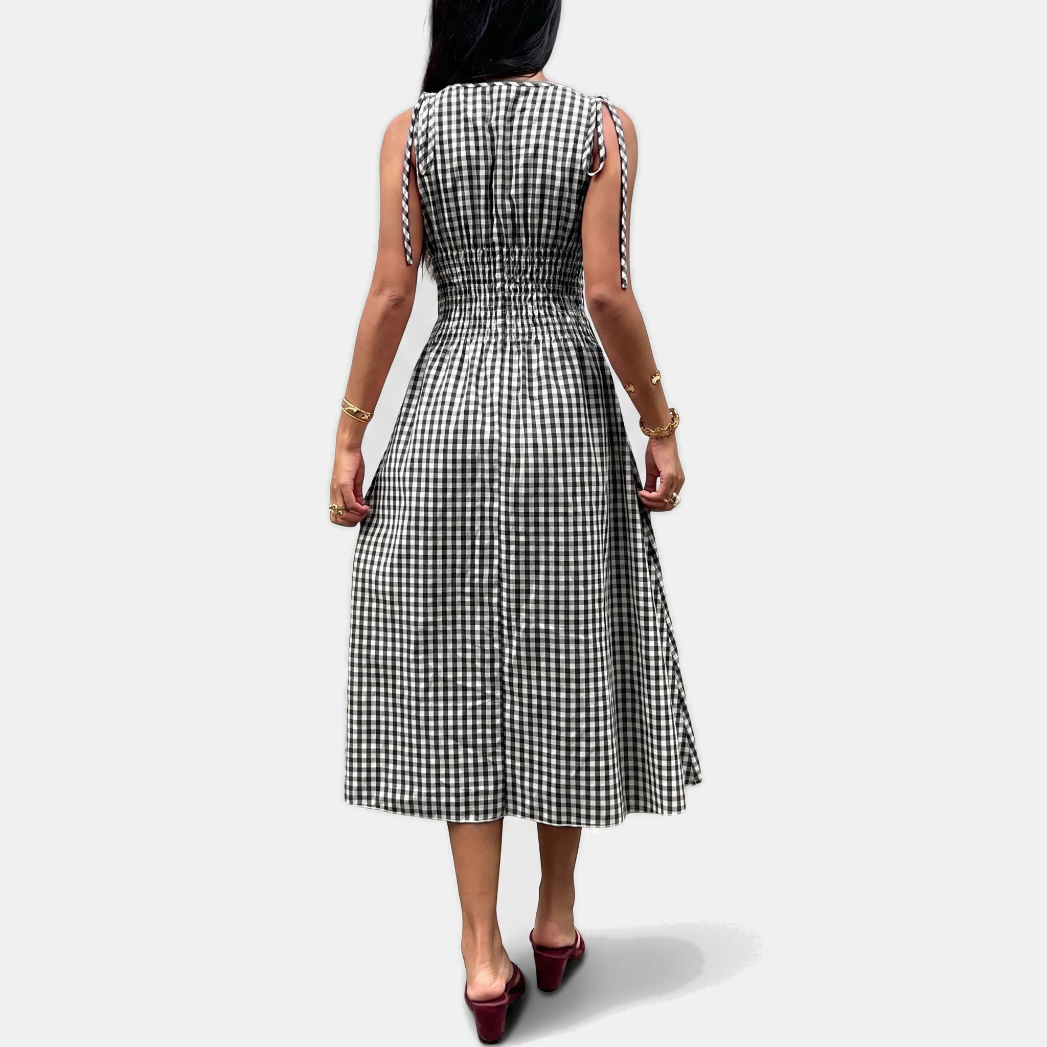 Women's Smocked Waist Tie Shoulder Woven Midi Dress