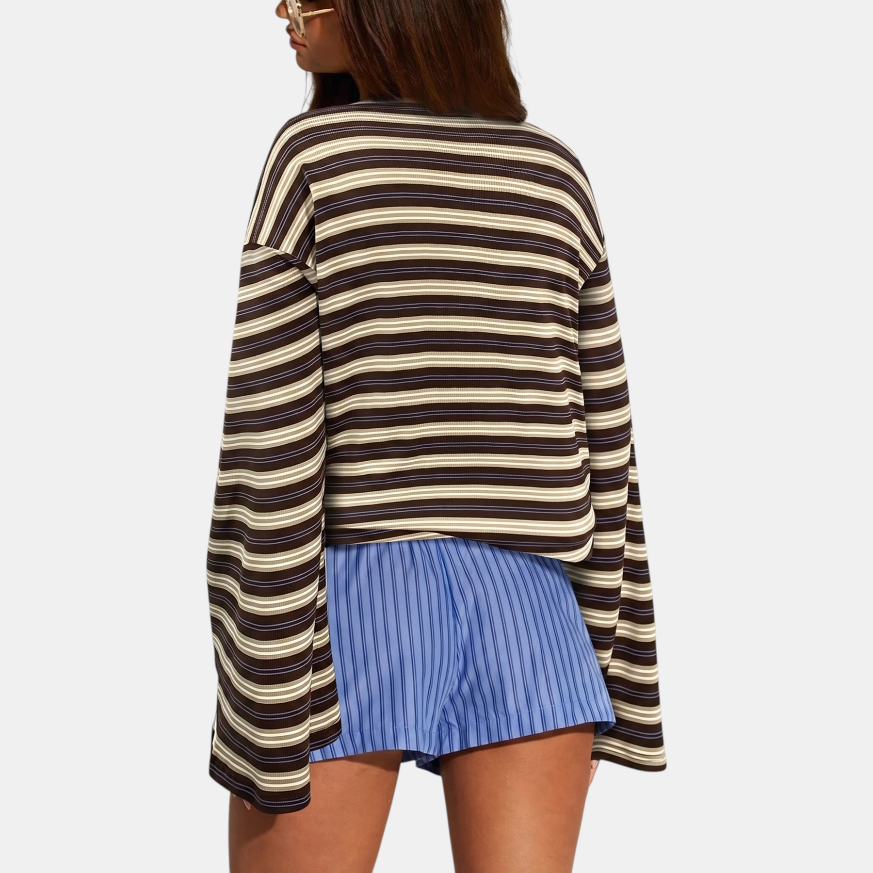 Women's Color Block Striped Long Sleeve Round Neck Fitted Top