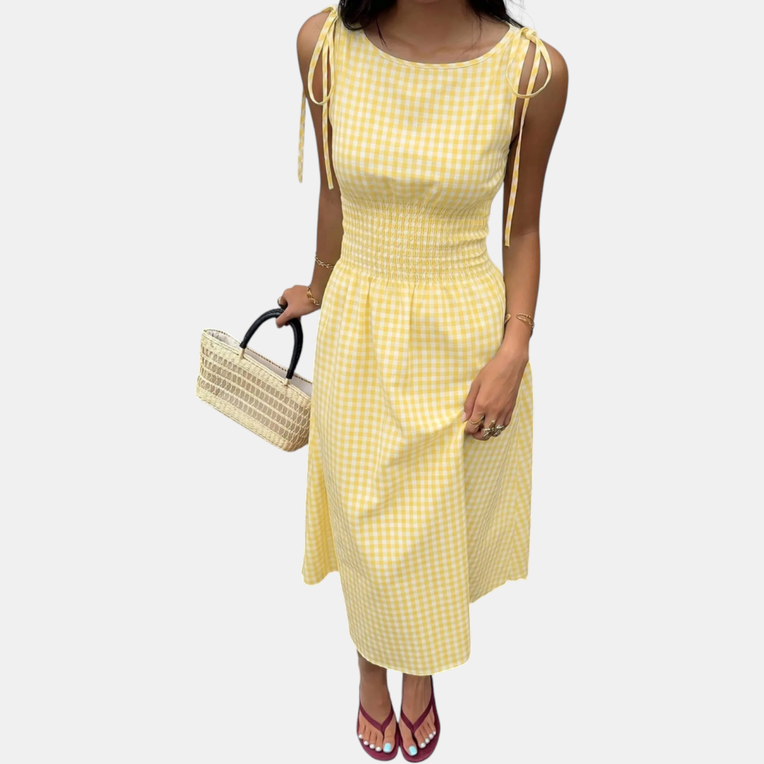 Women's Smocked Waist Tie Shoulder Woven Midi Dress