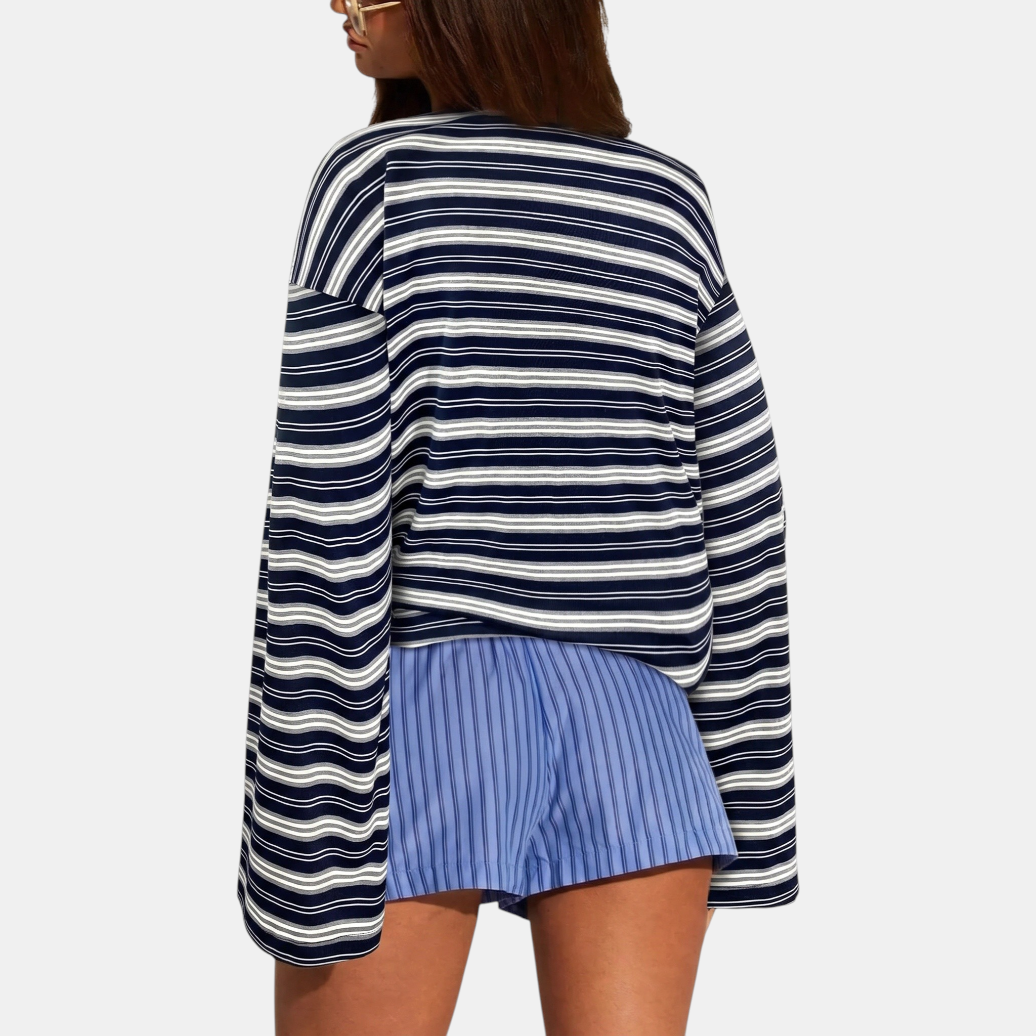 Women's Color Block Striped Long Sleeve Round Neck Fitted Top