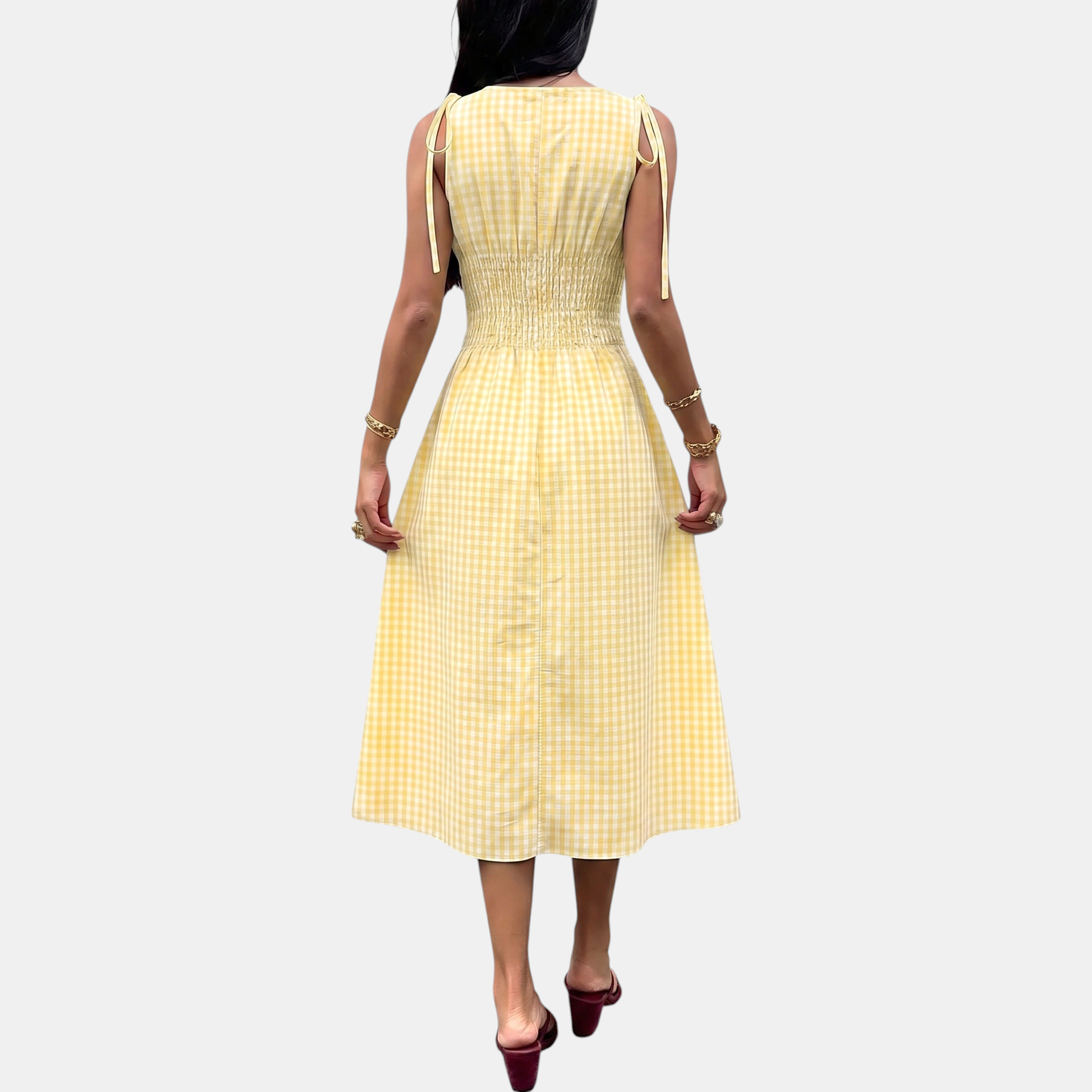 Women's Smocked Waist Tie Shoulder Woven Midi Dress
