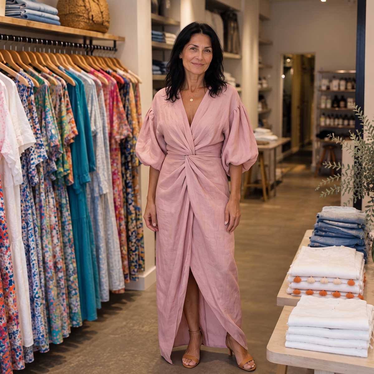 Alenne wearing Ashley in the boutique — AI brand styling