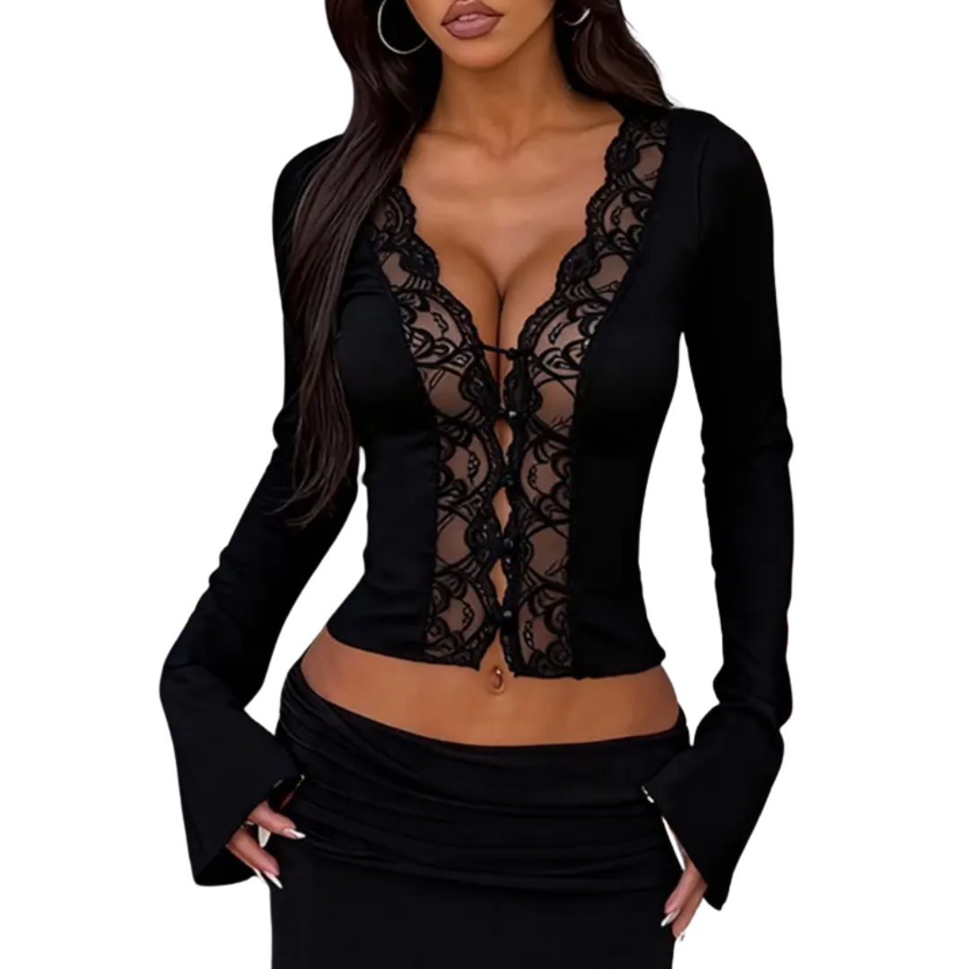 CECELIA™ – Contrast Lace Button-Front Tee Blouse
