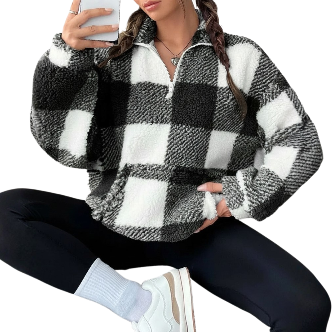 JOELLE™ – Cozy Plaid Half-Zip Fleece Sweatshirt