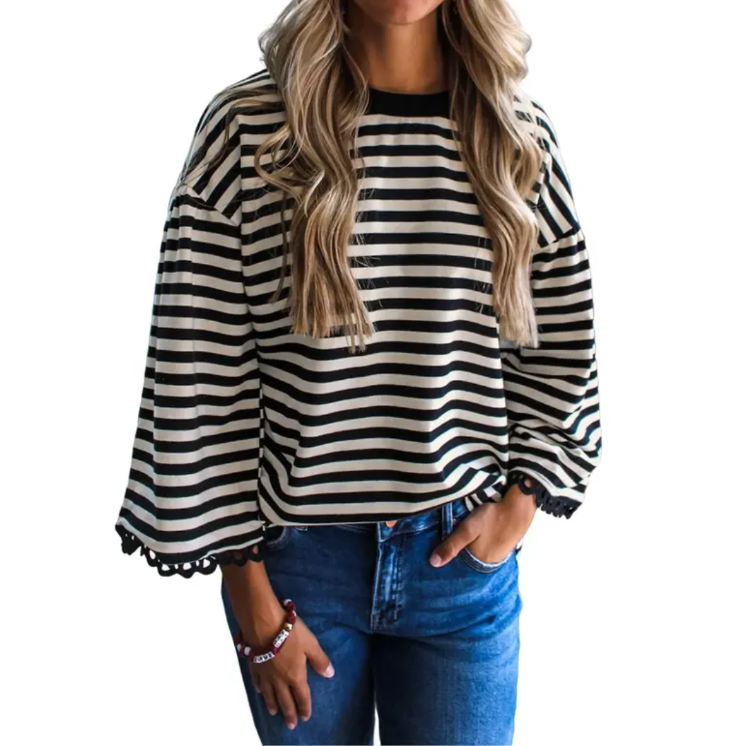 FRANKI™ – Striped Lace Trim Oversized Sweatshirt