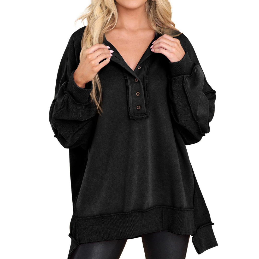 HARLOW™ – Cozy Button Henley Oversized Sweatshirt