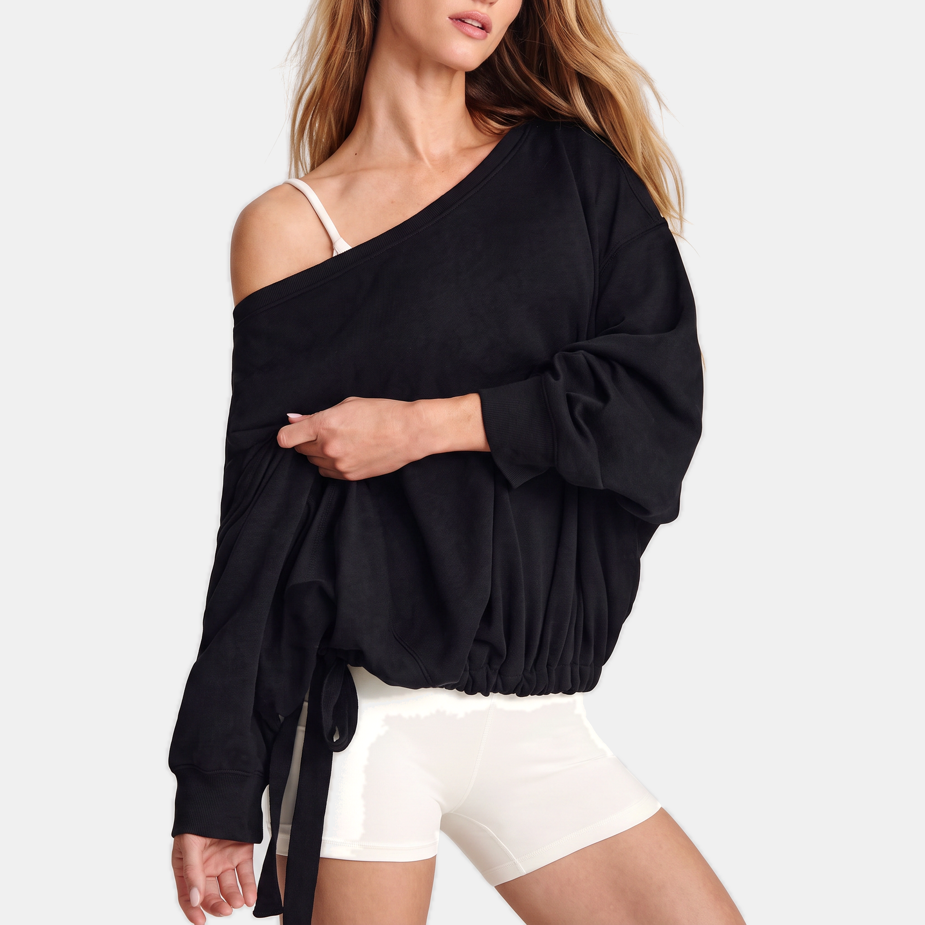 Women's One Shoulder Drawstring Hem Pullover Sweatshirt