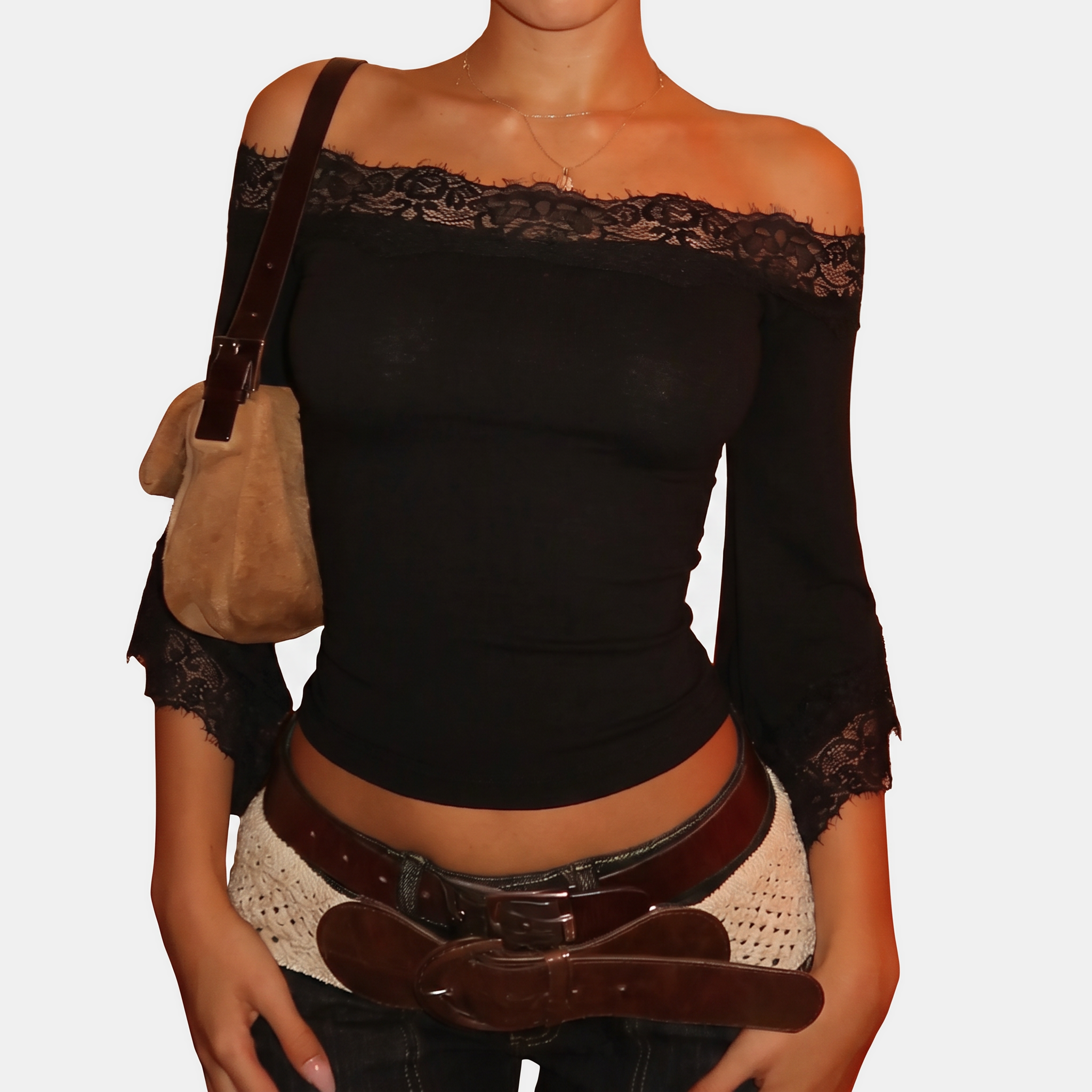 Women's Lace Panel Off Shoulder Flare Sleeve Crop Top