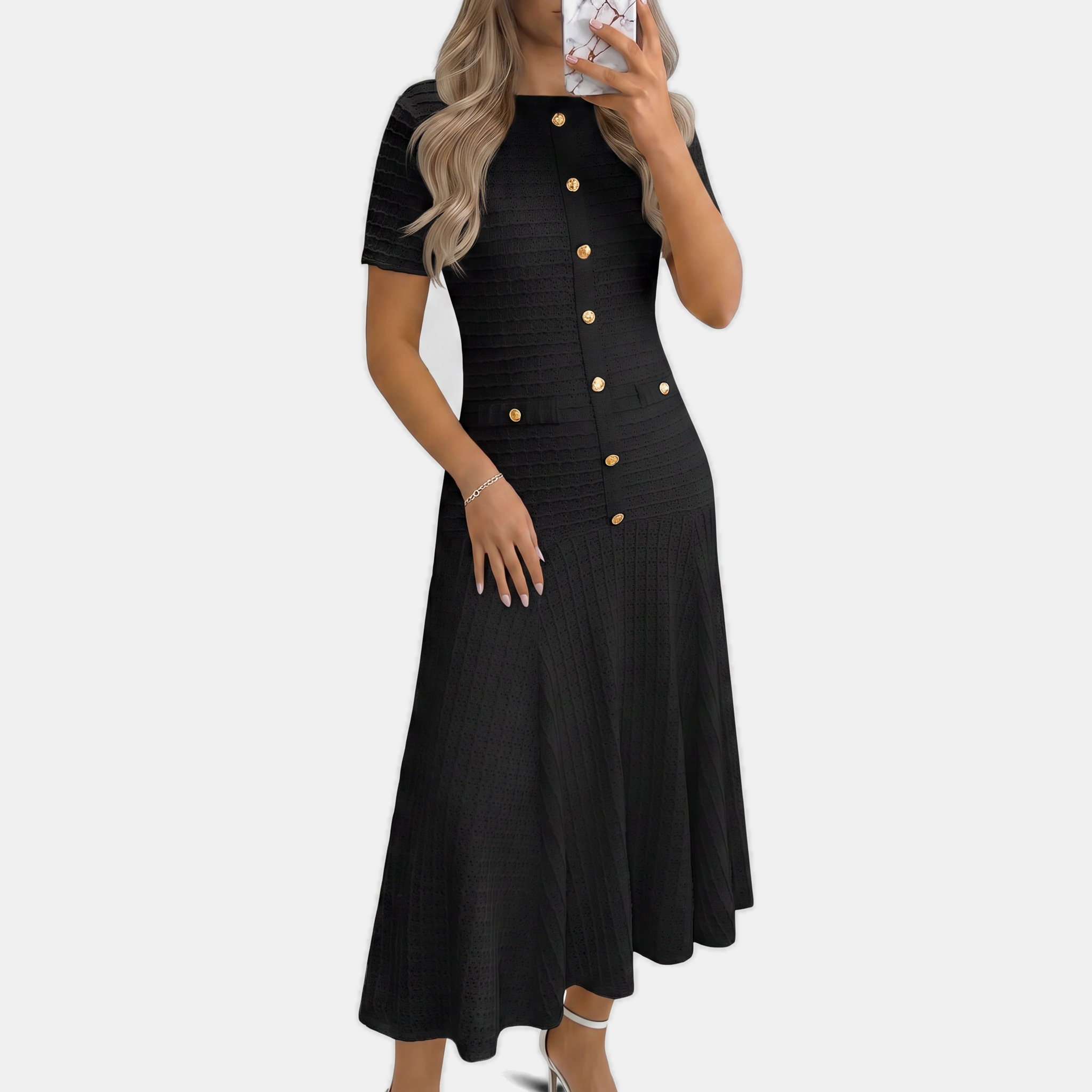 Women's Button Front Short Sleeve Slim Fit Midi A Line Dress