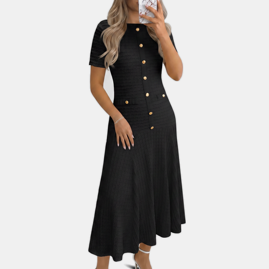 Women's Button Front Short Sleeve Slim Fit Midi A Line Dress