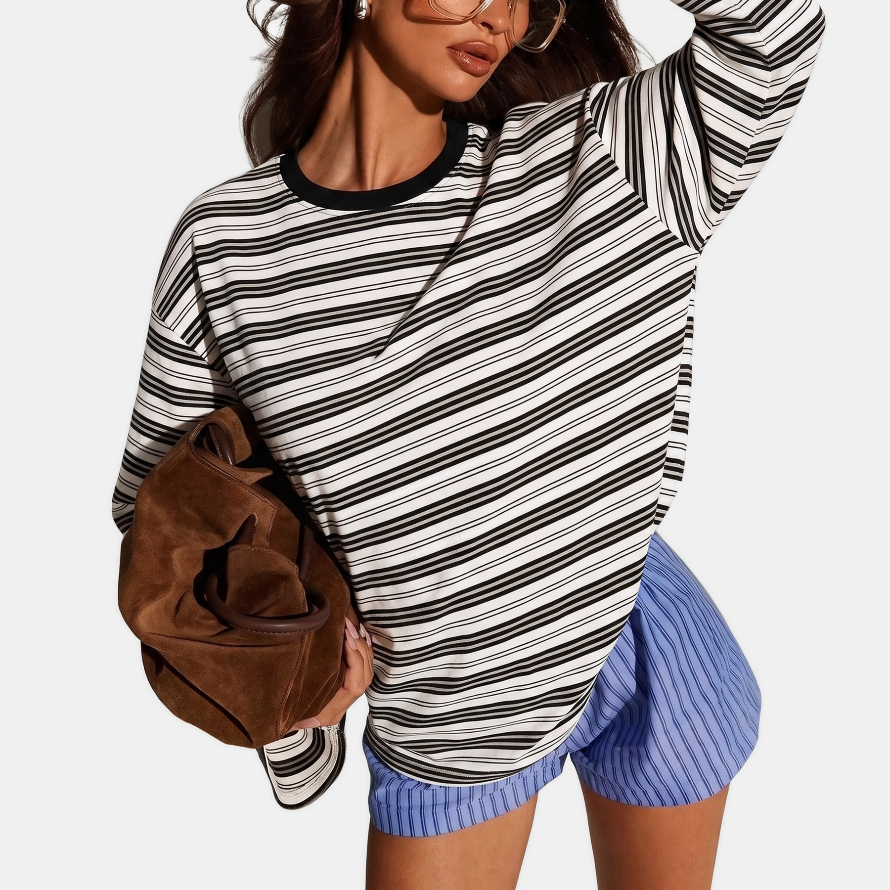 Women's Color Block Striped Long Sleeve Round Neck Fitted Top