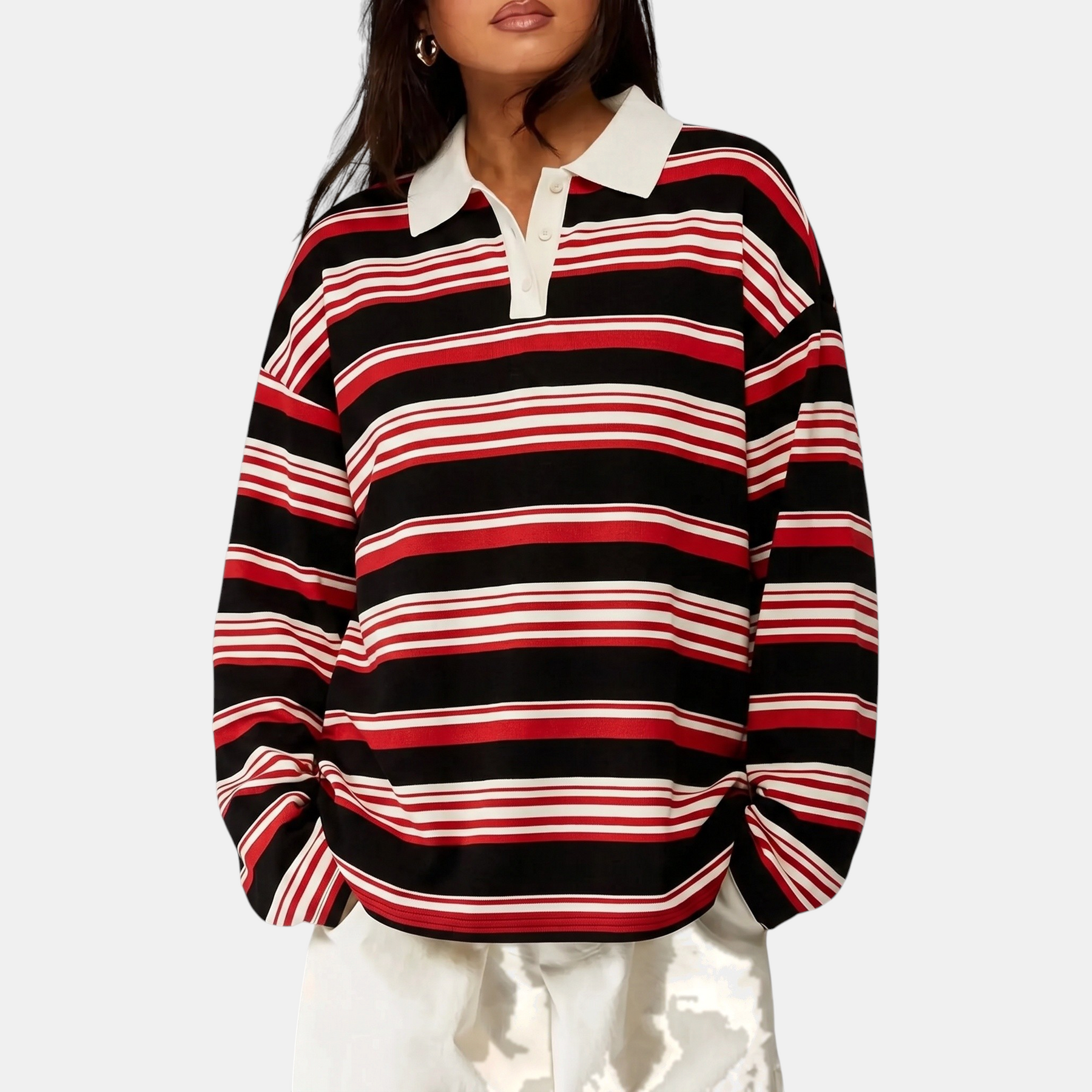 Women's Vintage Striped Polo Collar Oversized Long Sleeve Shirt