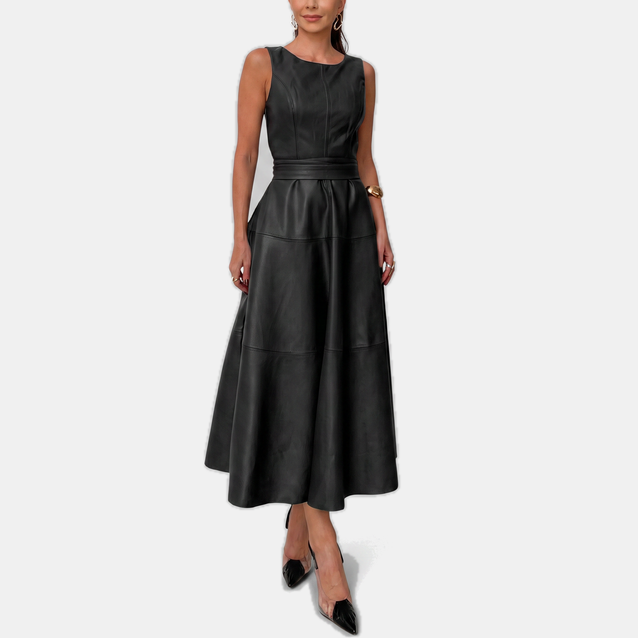 Women's Faux Leather Belted A Line Midi Dress