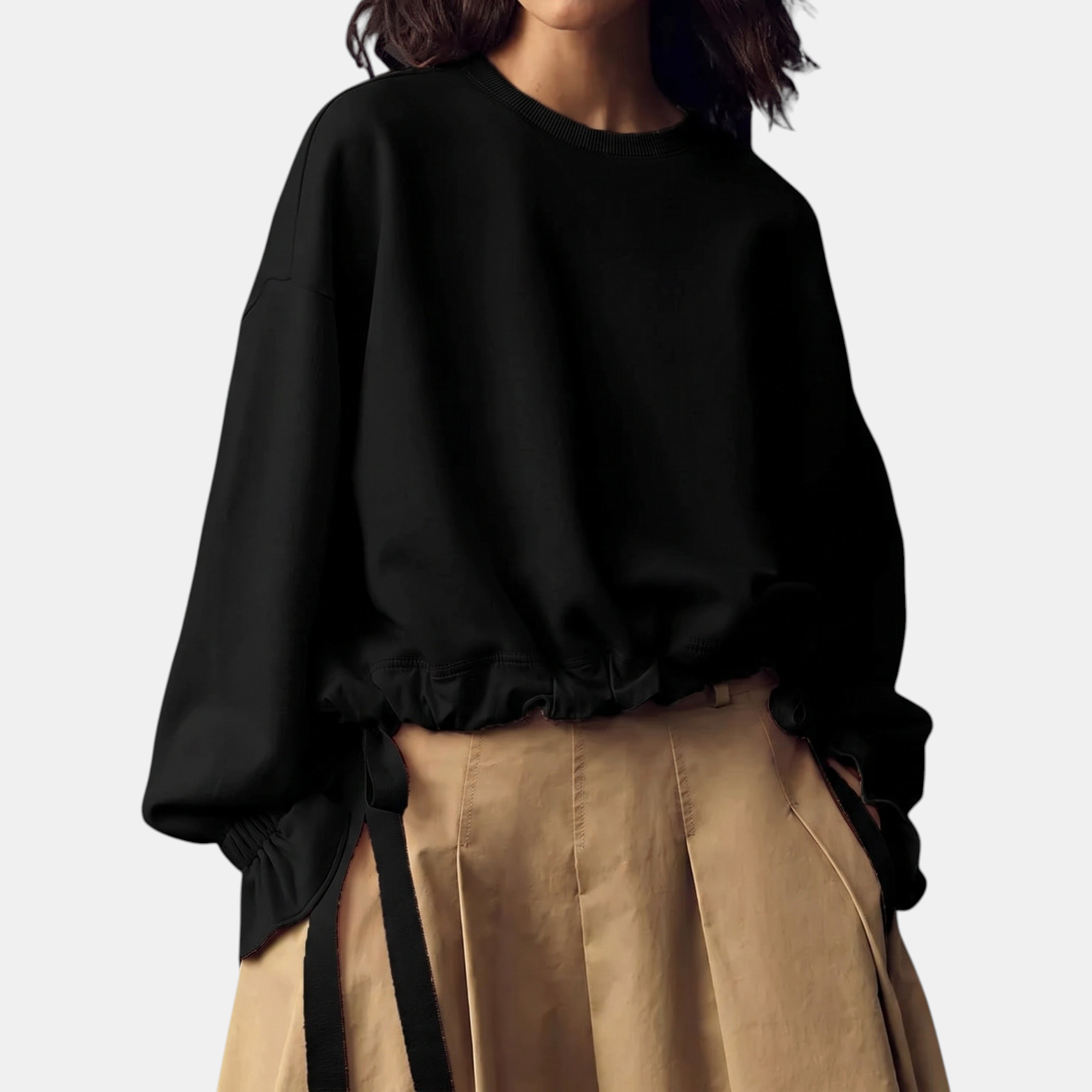 Women's Drawstring Hem Ruffle Cuff Loose Casual Sweatshirt