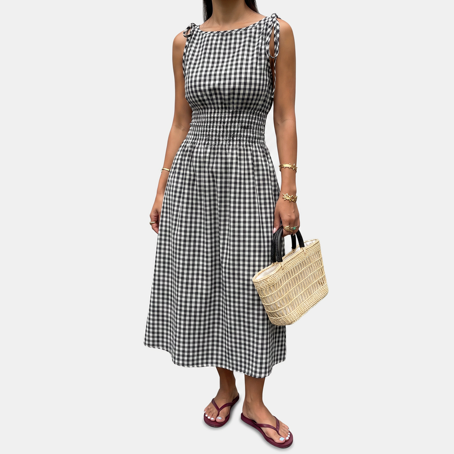 Women's Smocked Waist Tie Shoulder Woven Midi Dress