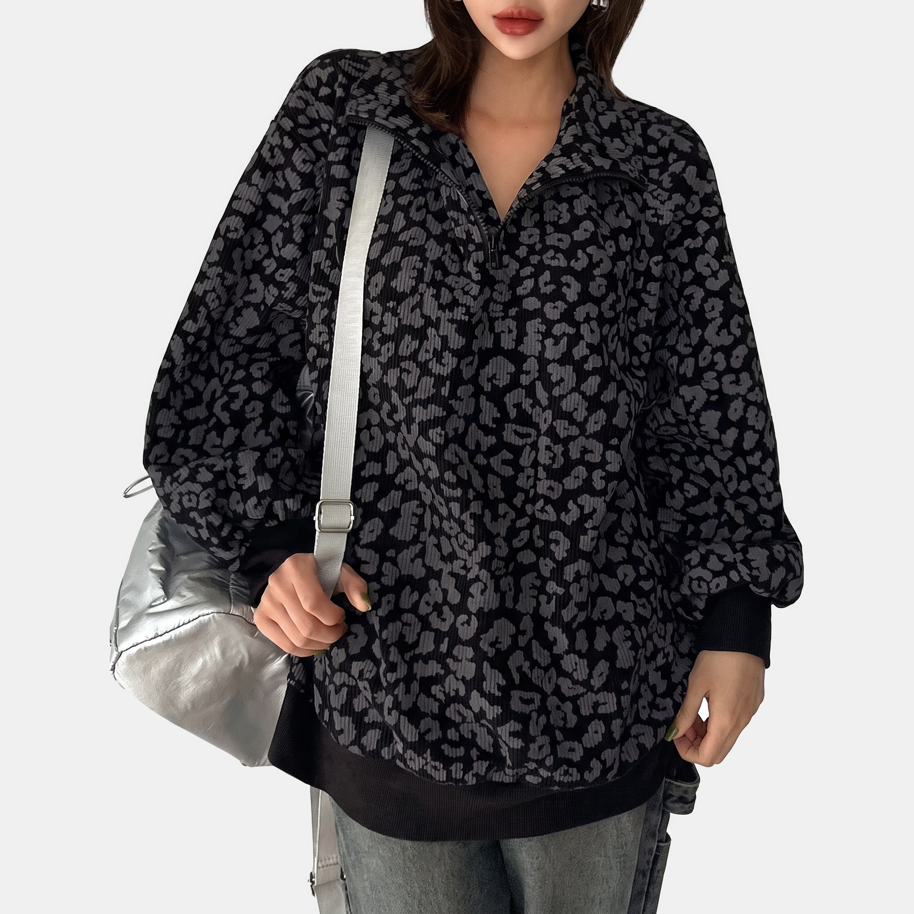 Women's Half Zip Oversized Drop Shoulder Sweatshirt