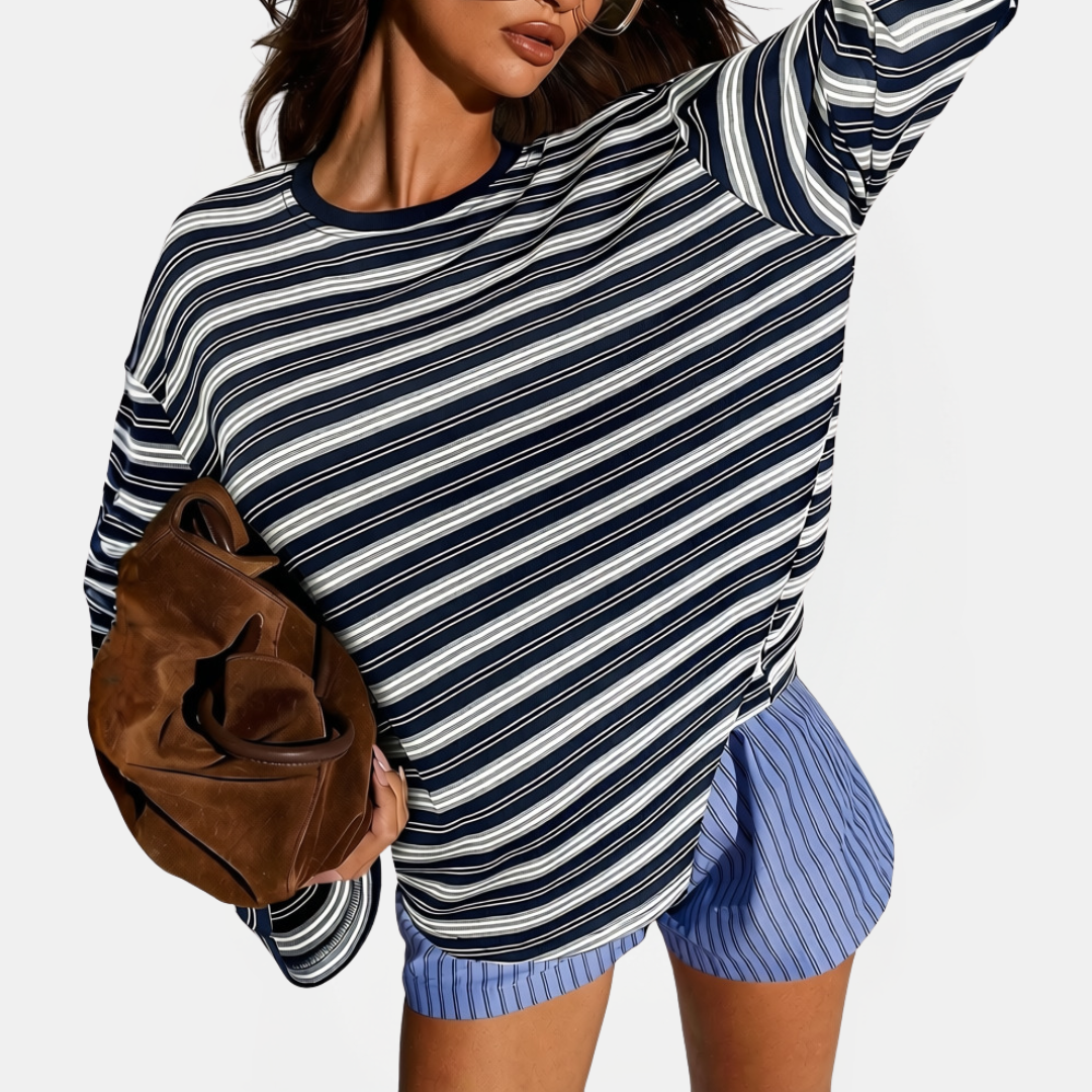 Women's Color Block Striped Long Sleeve Round Neck Fitted Top