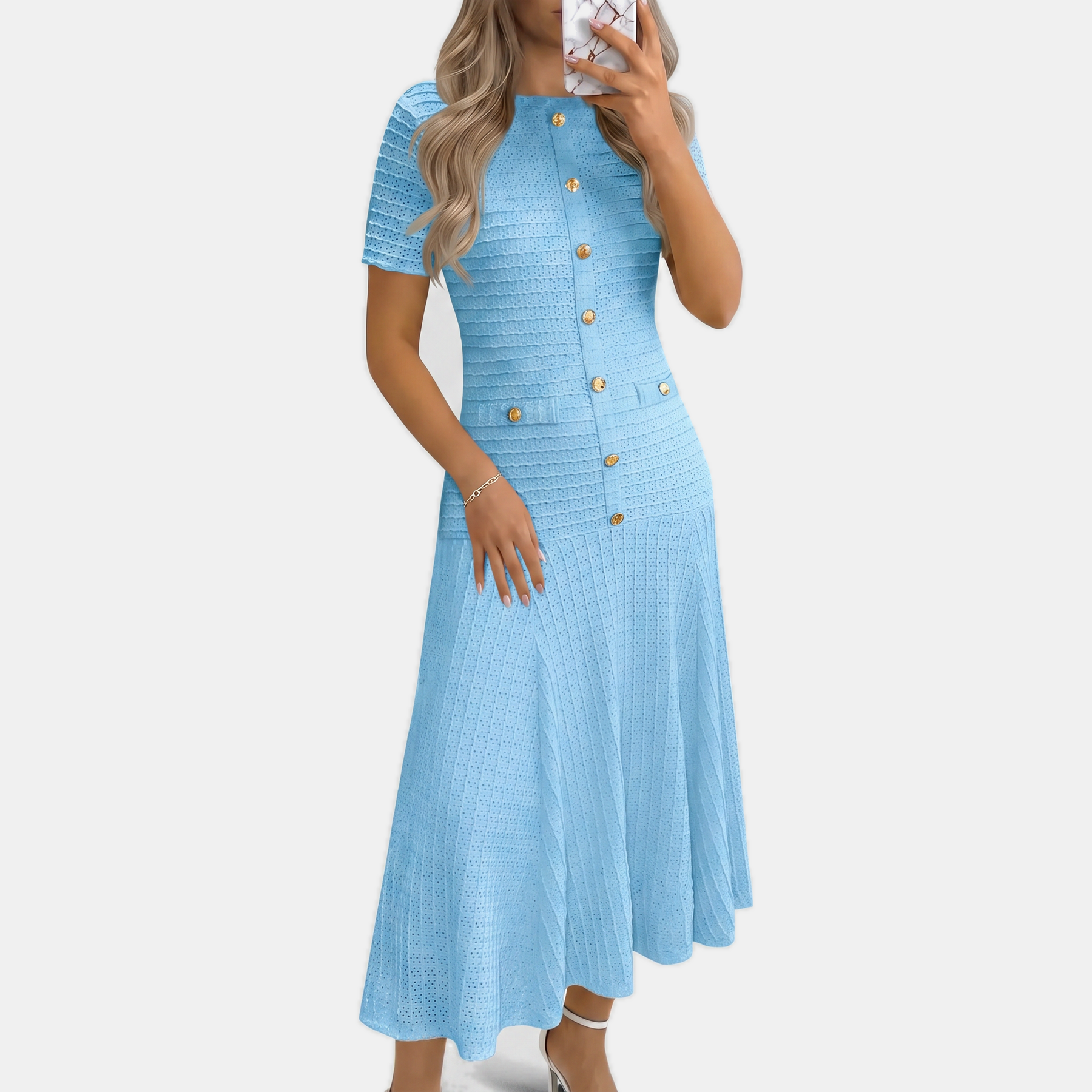 Women's Button Front Short Sleeve Slim Fit Midi A Line Dress